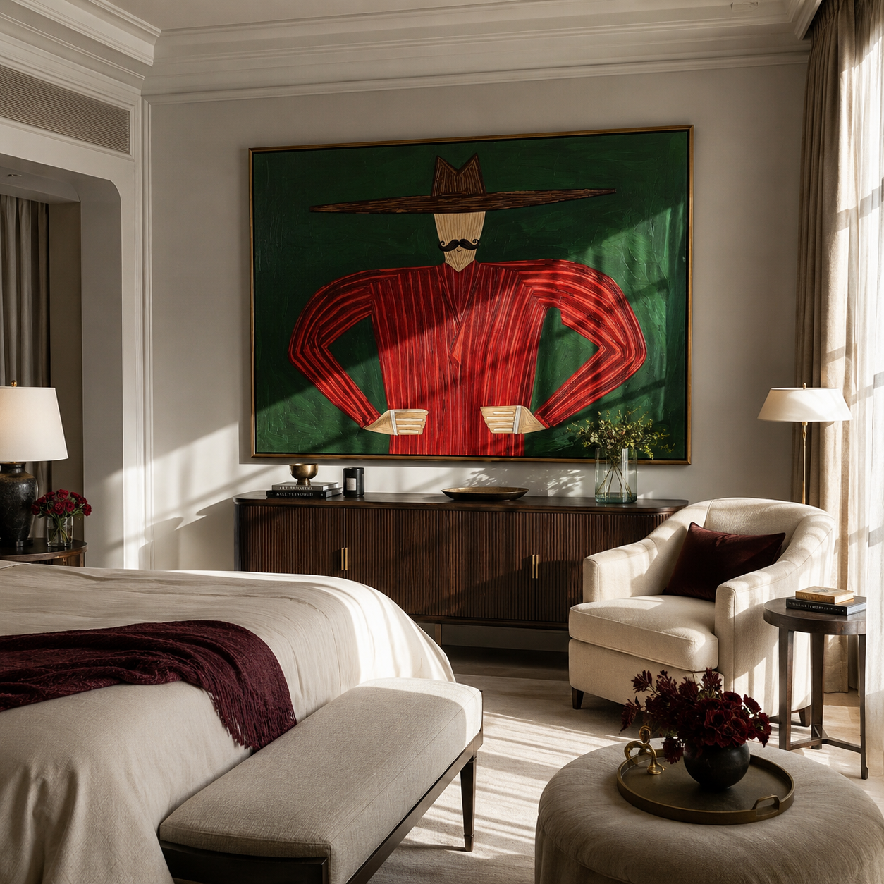 Red Angles Stand Ready presented above a contemporary console