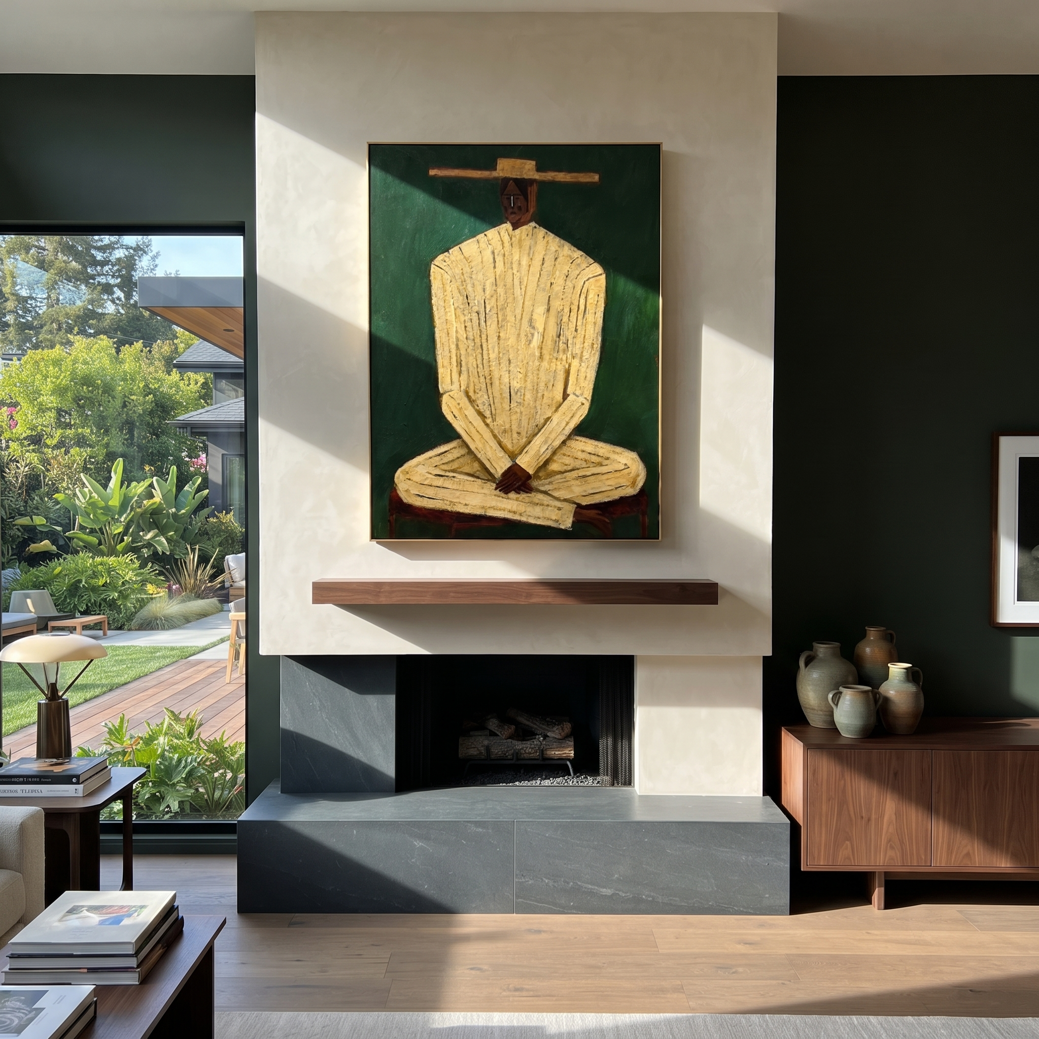 Cream Figure Grounds Green displayed in a warm contemporary interior
