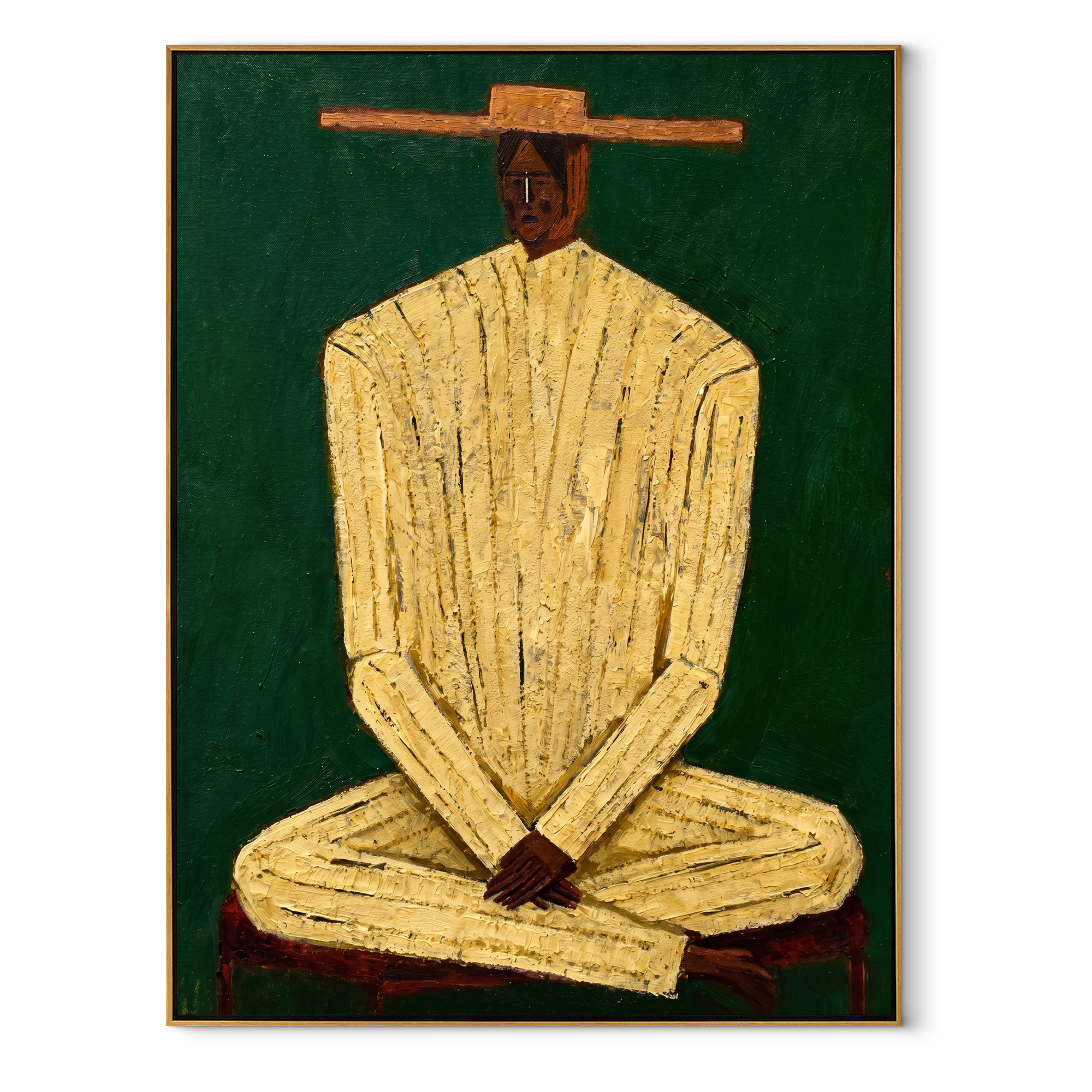 Cream Figure Grounds Green abstract figurative textured painting, vertical canvas artwork