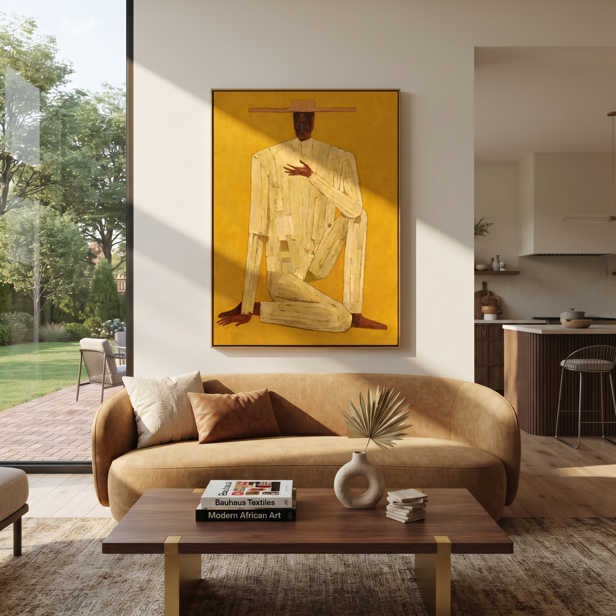 Golden Stillness Kneels Down displayed in a warm contemporary interior