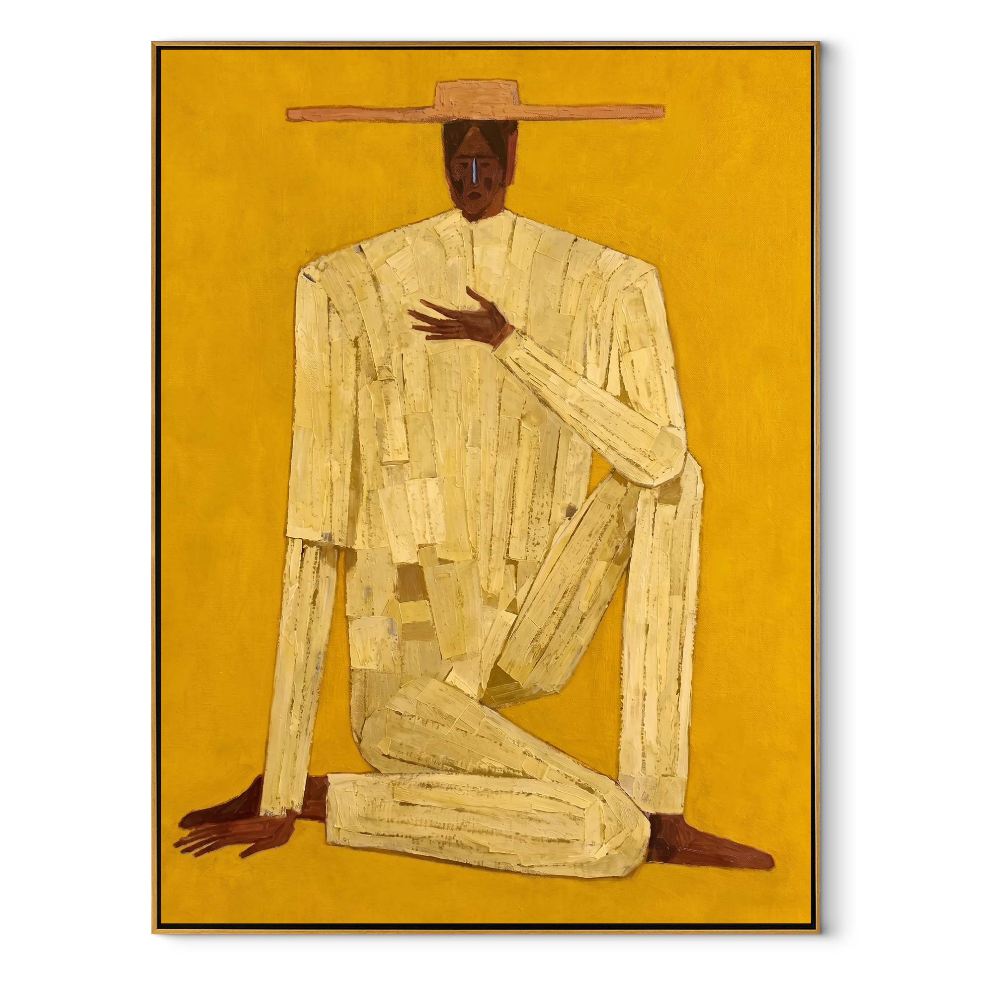 Golden Stillness Kneels Down abstract figurative textured painting, vertical canvas artwork