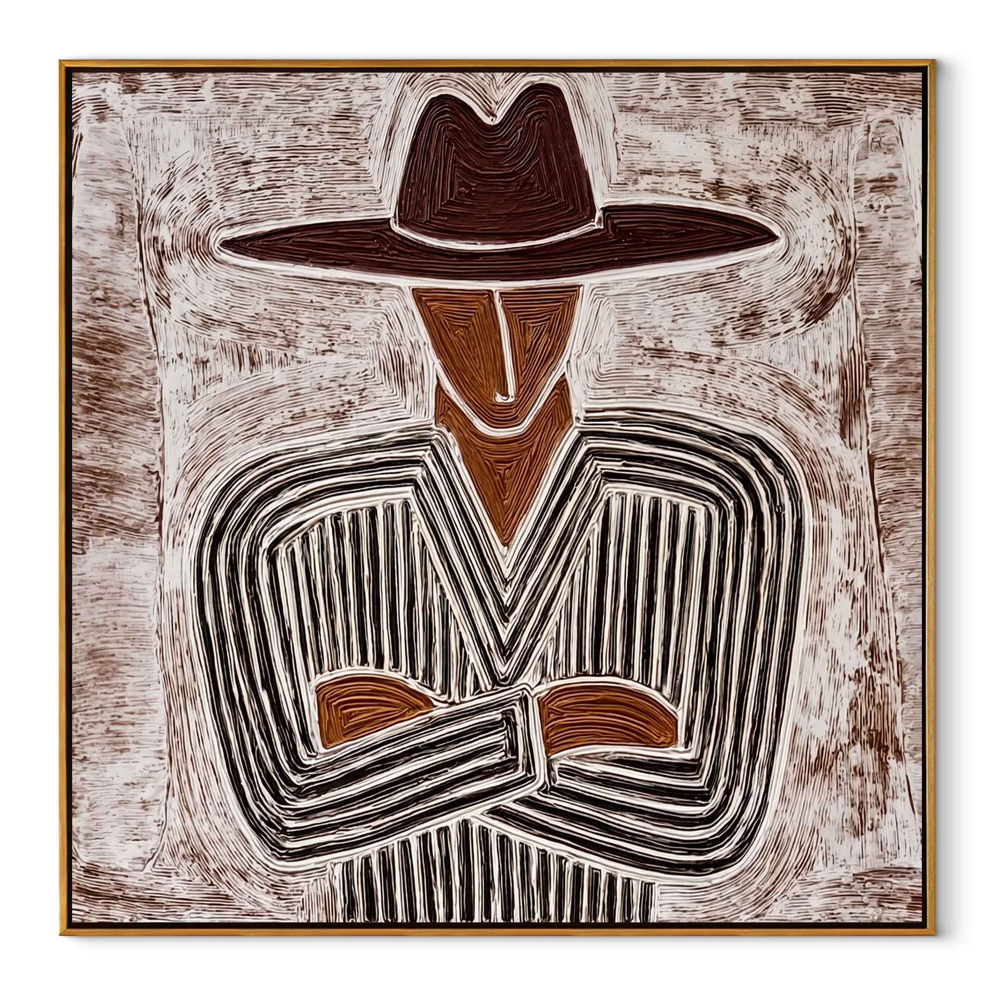 Etched Lines Fold Inward abstract figurative textured painting, square canvas artwork