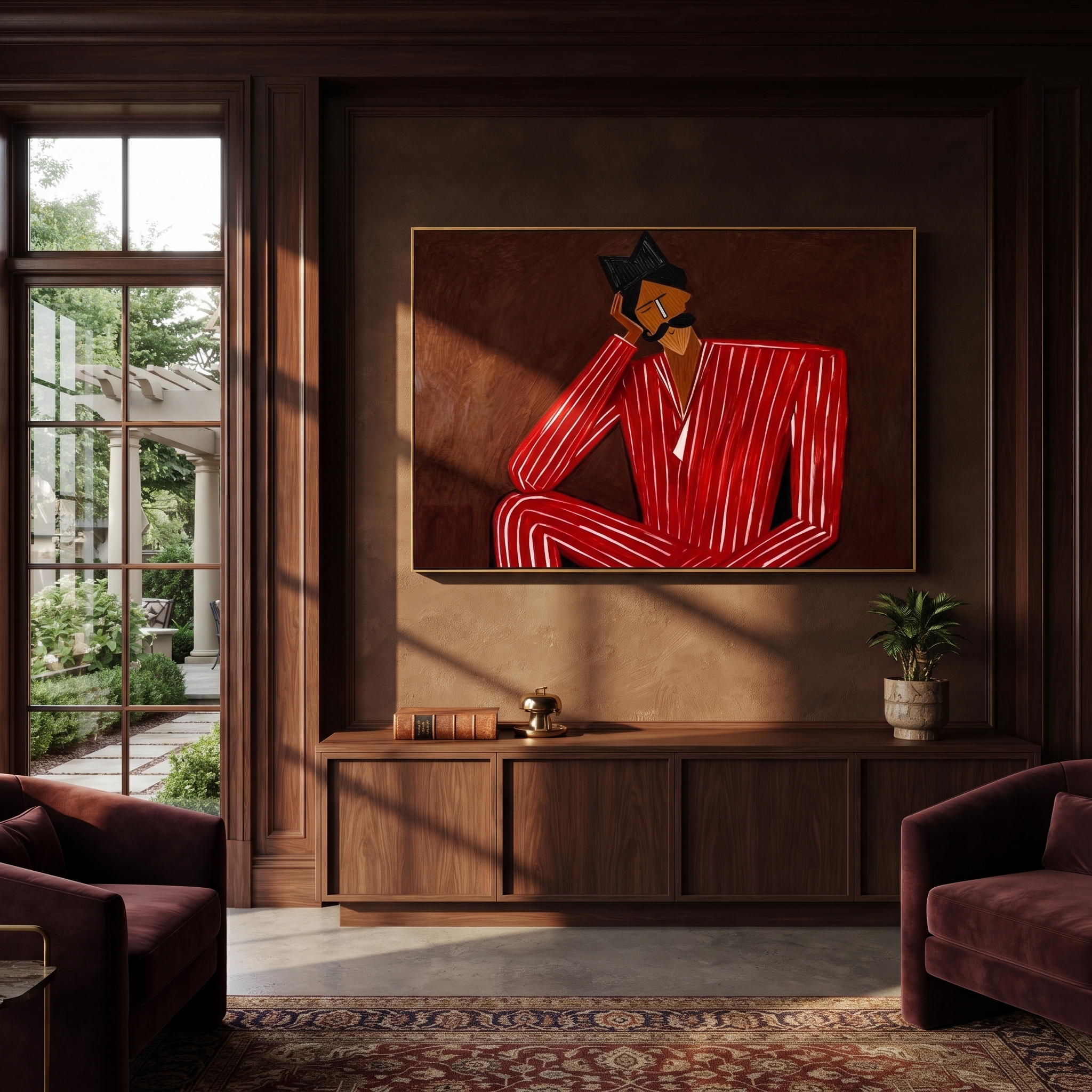 Crimson Thought Leans Back styled with neutral modern furnishings