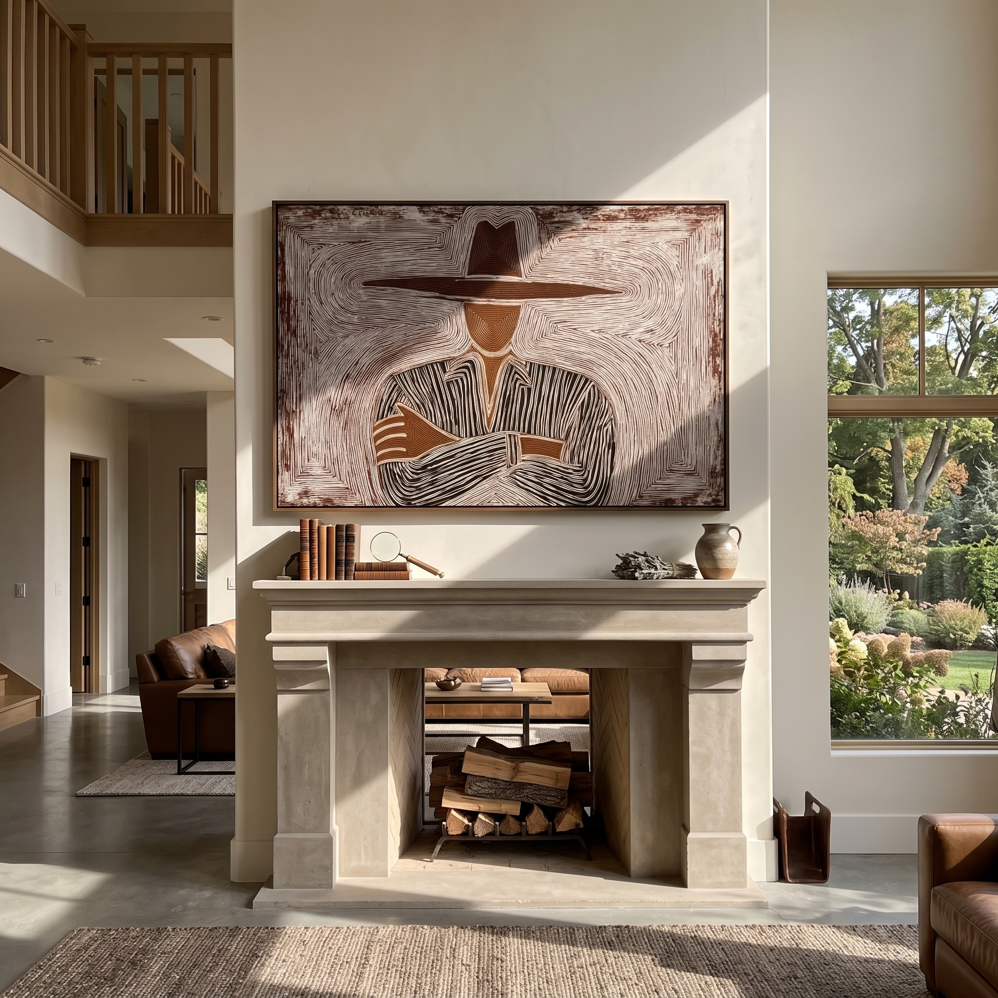 Brown Lines Cross Calm displayed in a warm contemporary interior
