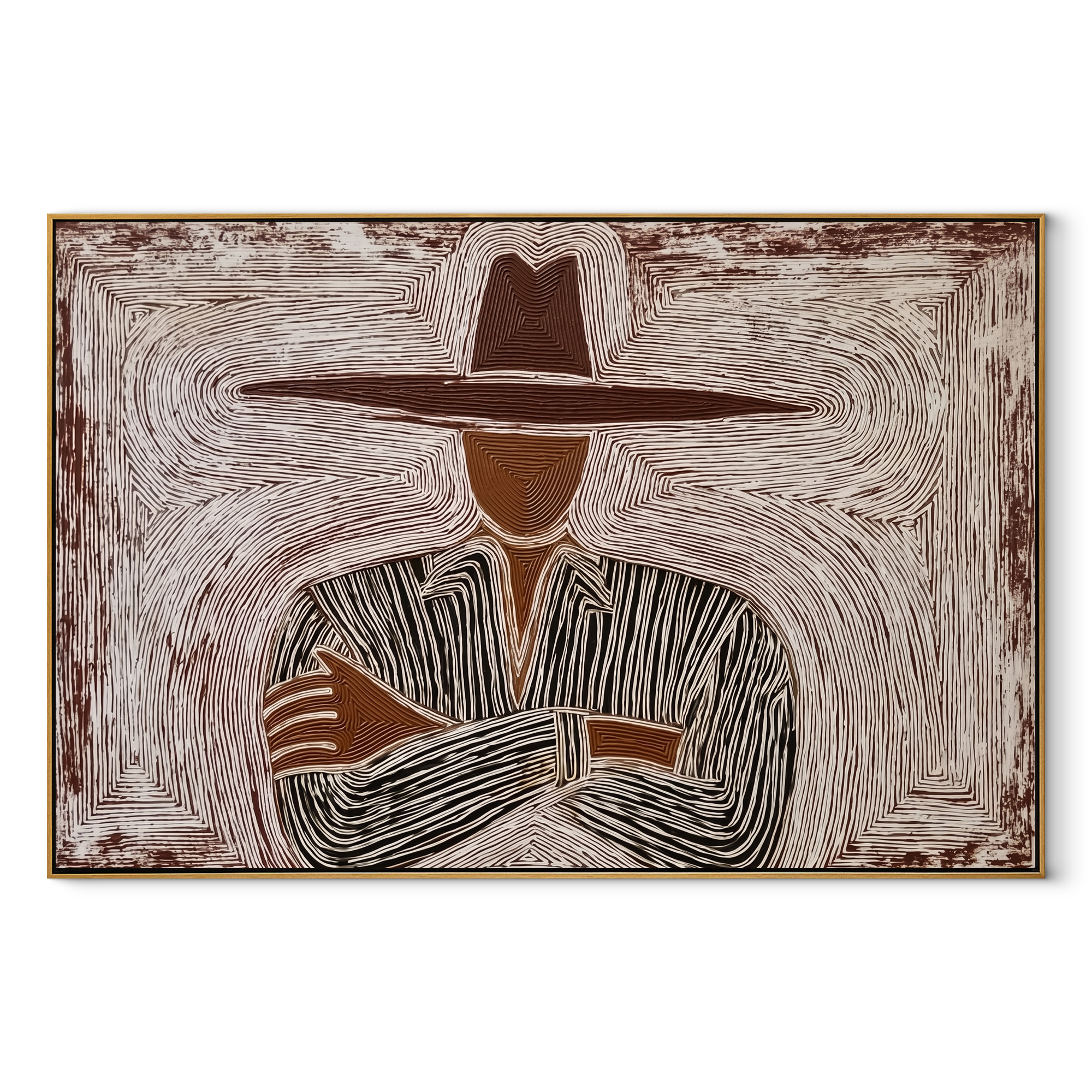 Brown Lines Cross Calm abstract figurative textured painting, horizontal canvas artwork