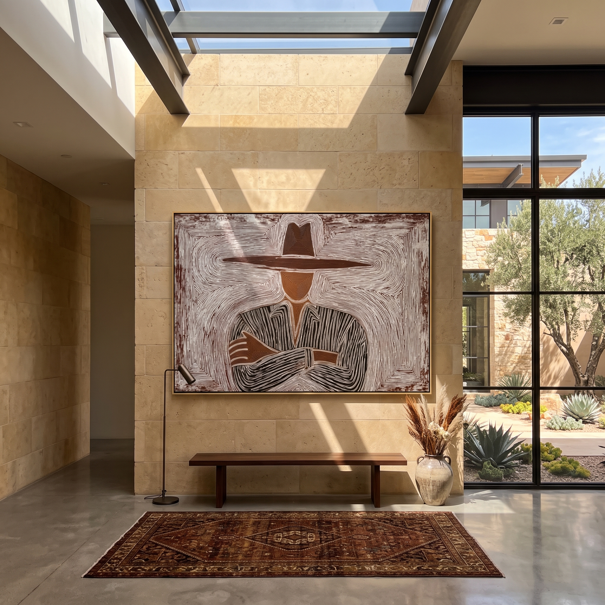 Brown Lines Cross Calm presented above a contemporary console