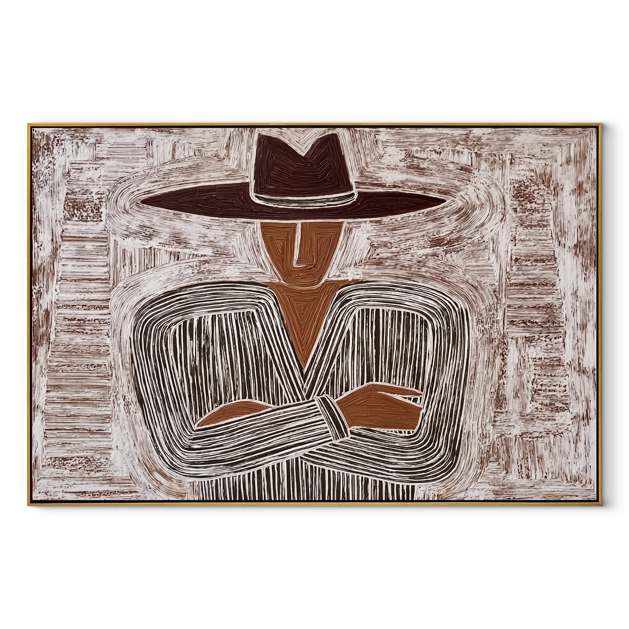 Quiet Stripes Lock Hands abstract figurative textured painting, horizontal canvas artwork