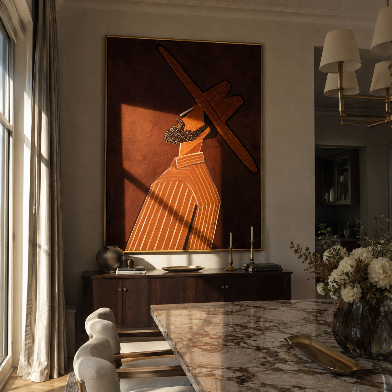 Long Brim Cuts Umber styled in a layered residential interior