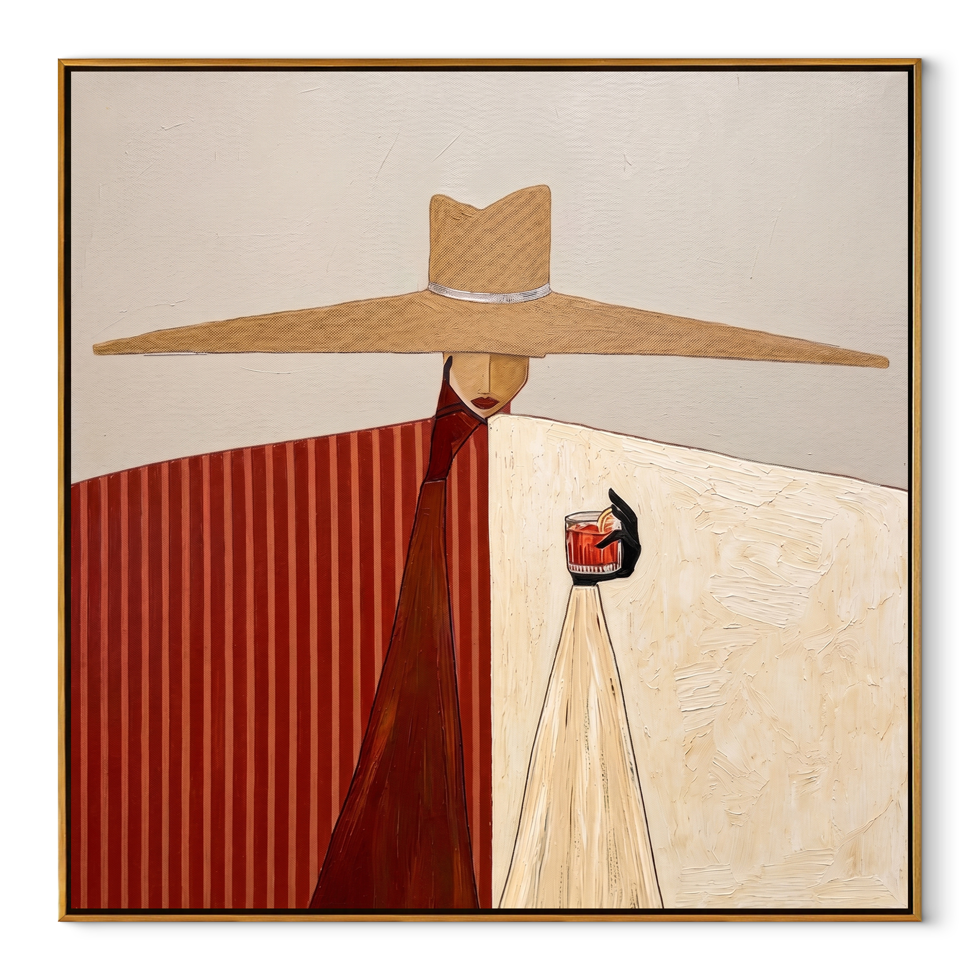 Red White Share Noon abstract figurative textured painting, square canvas artwork