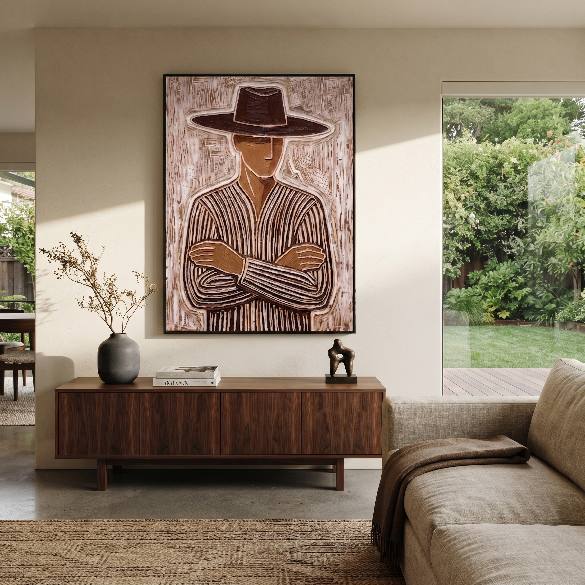 Earth Lines Hold Ground displayed in a warm contemporary interior
