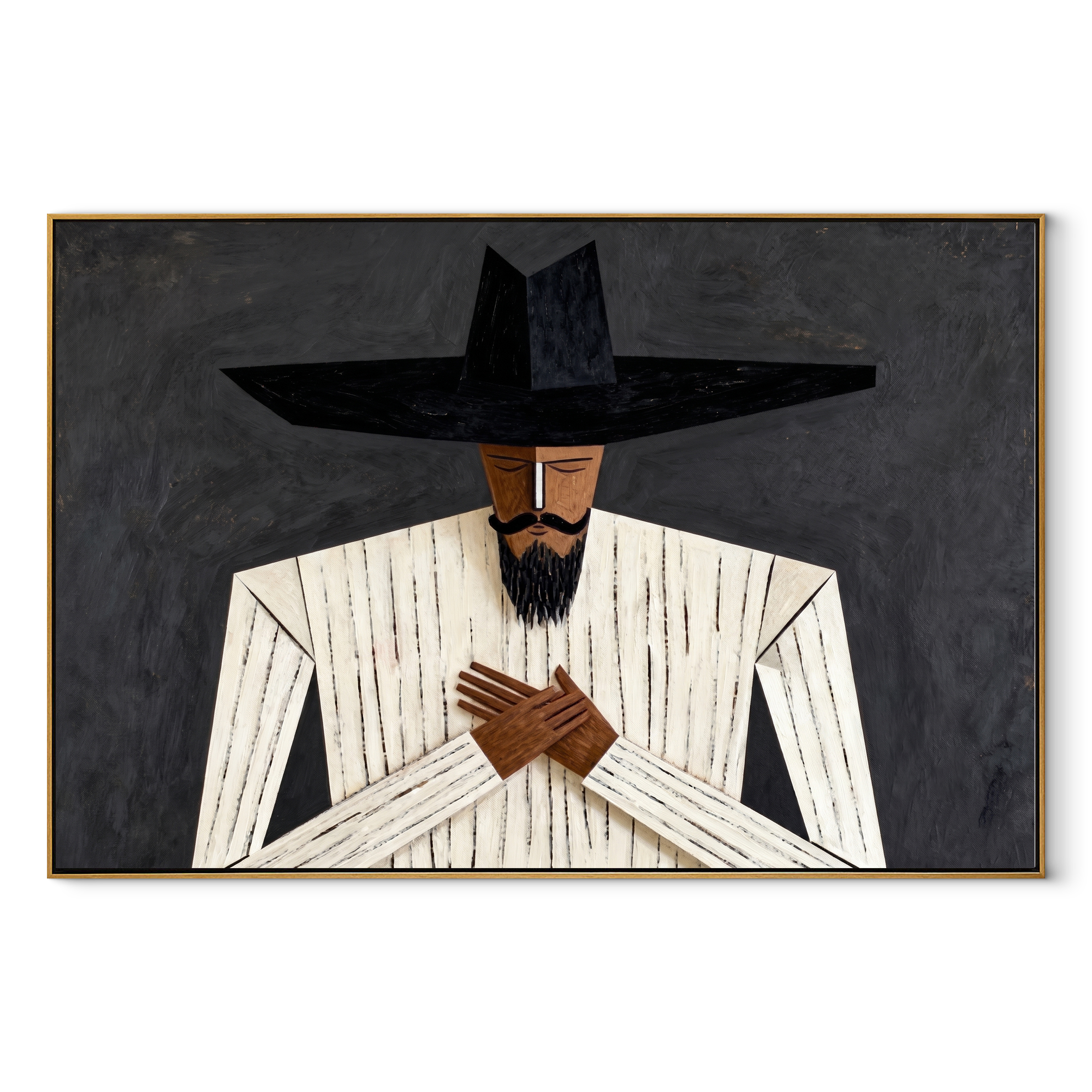 Black Brim Guards Ivory abstract figurative textured painting, horizontal canvas artwork