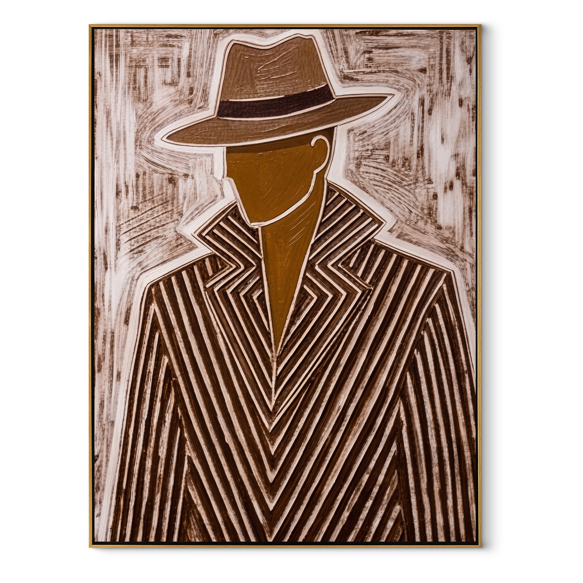 Chevron Lines Face Forward abstract figurative textured painting, vertical canvas artwork