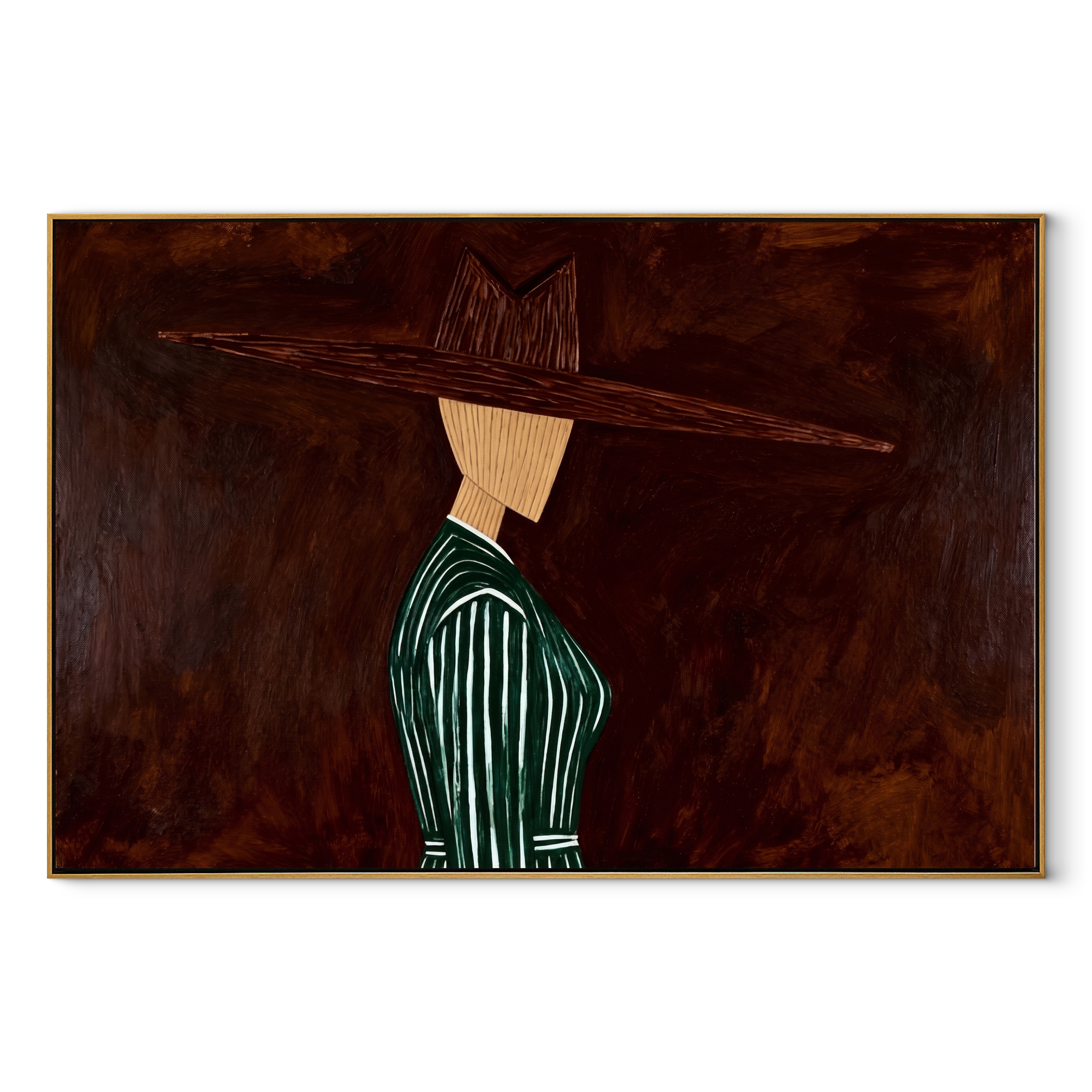Green Pinstripes Face Shadow abstract figurative textured painting, horizontal canvas artwork