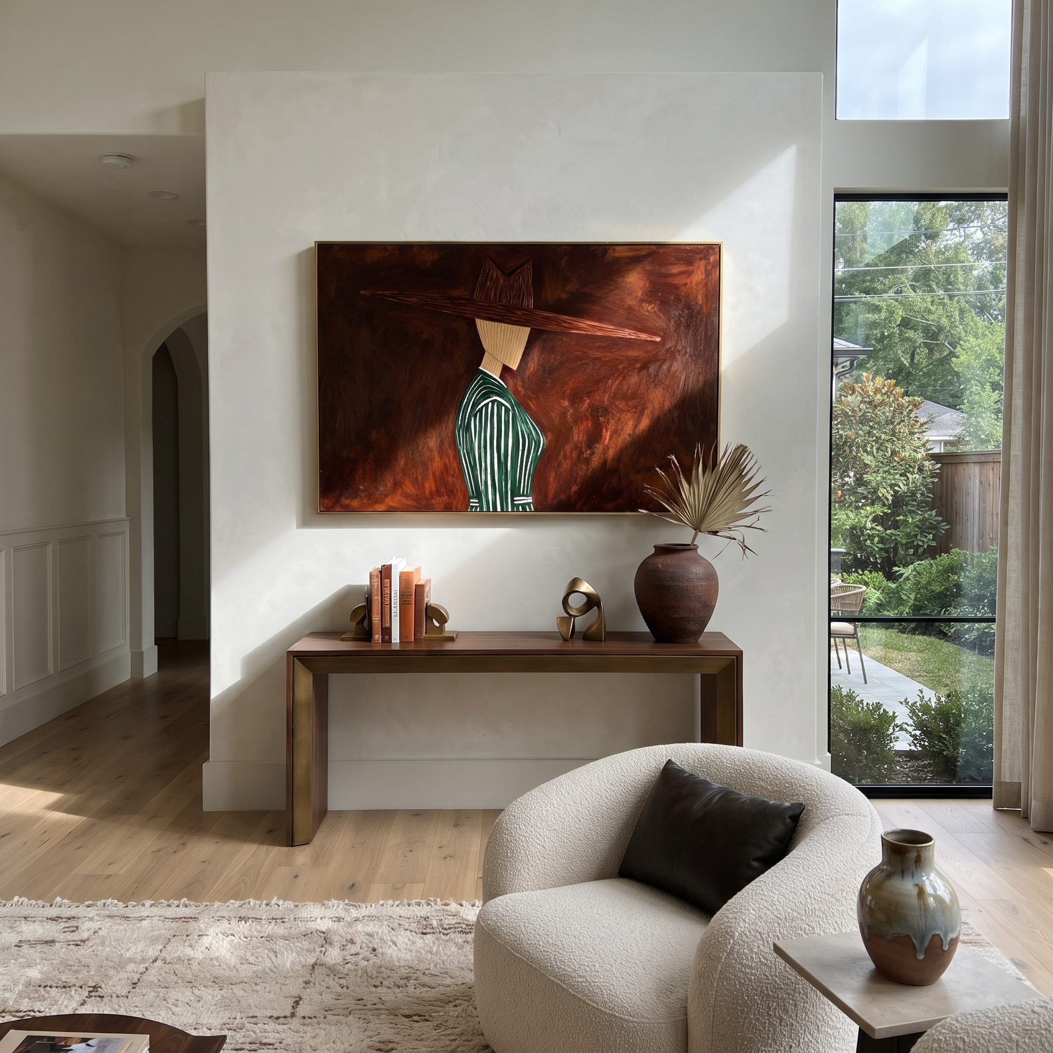 Green Pinstripes Face Shadow presented above a contemporary console