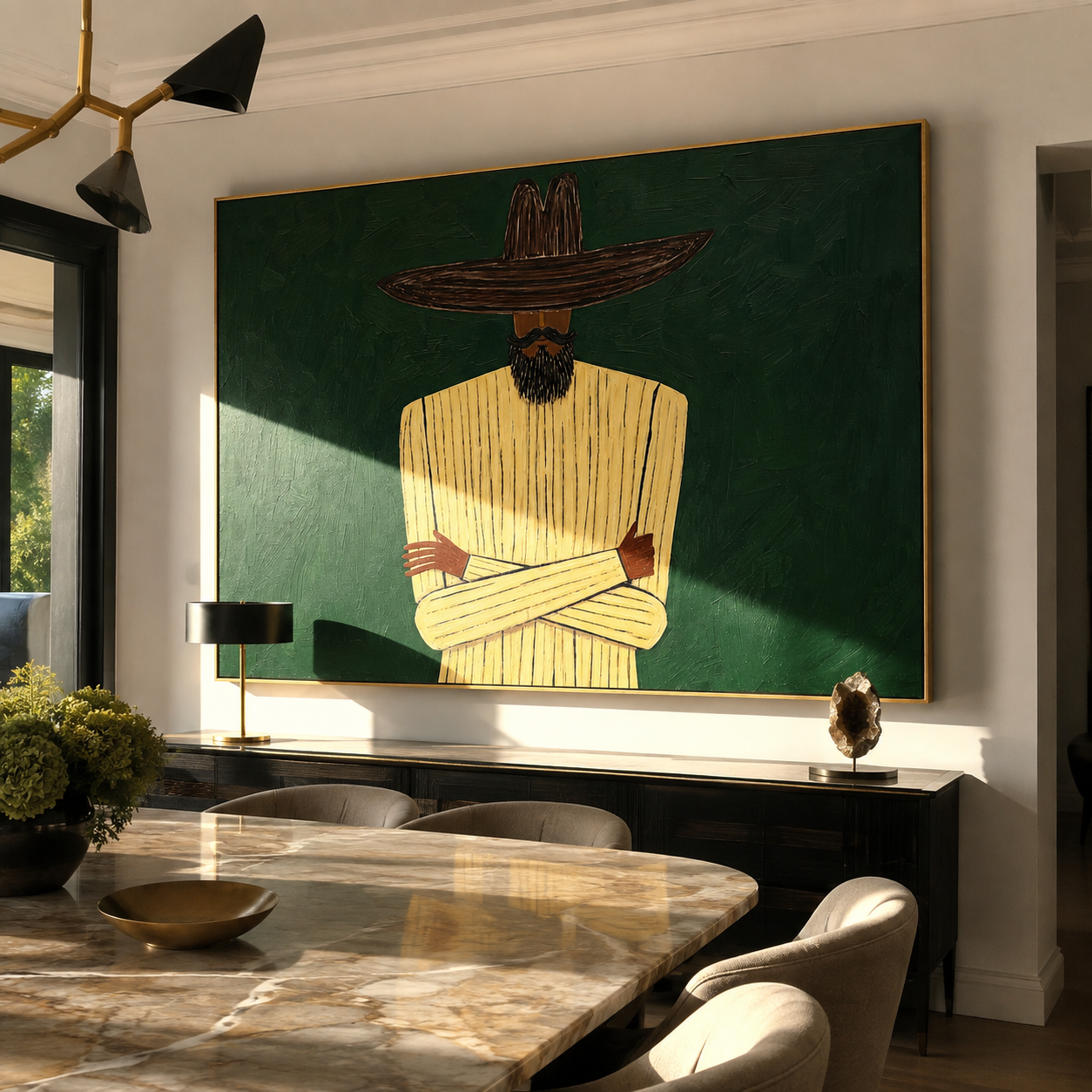 Scarlet Lines Raise Questions displayed in a warm contemporary interior