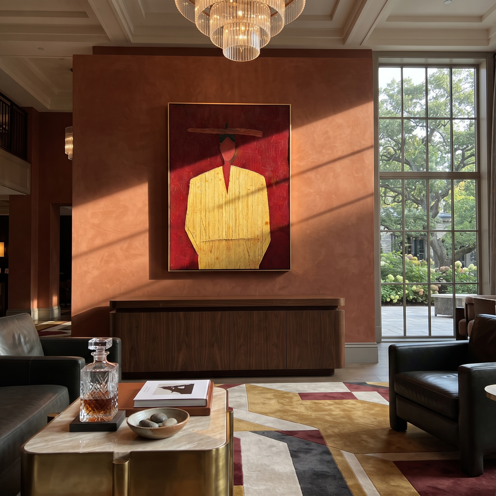 Red Brim Floats Quietly presented above a contemporary console