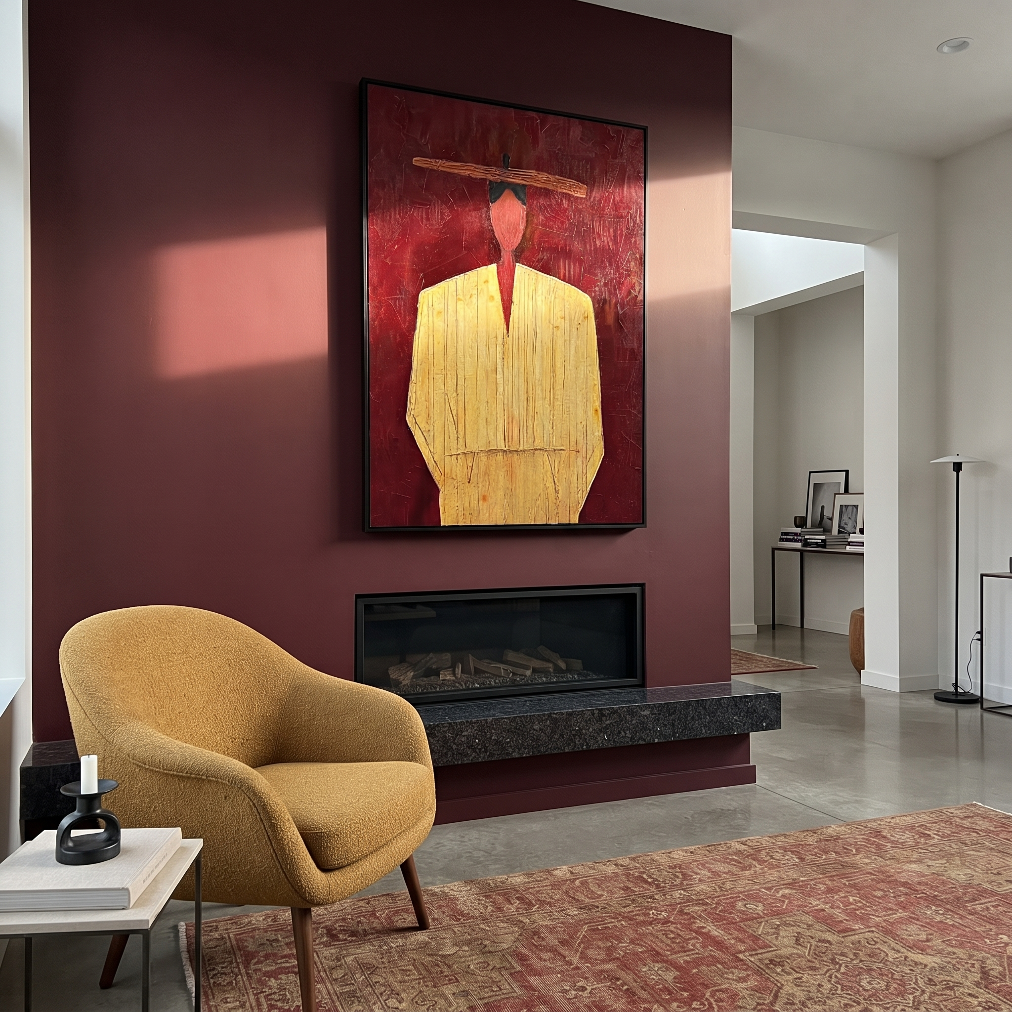 Red Brim Floats Quietly styled in a layered residential interior