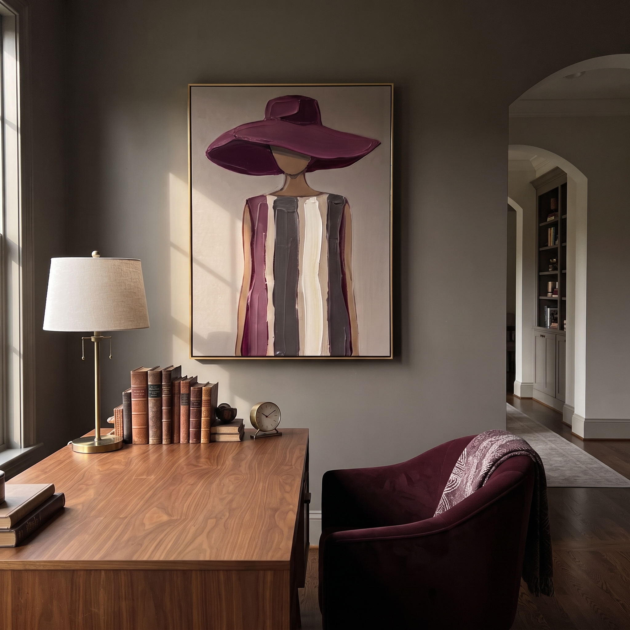 Plum Shade Softens Stone styled with neutral modern furnishings
