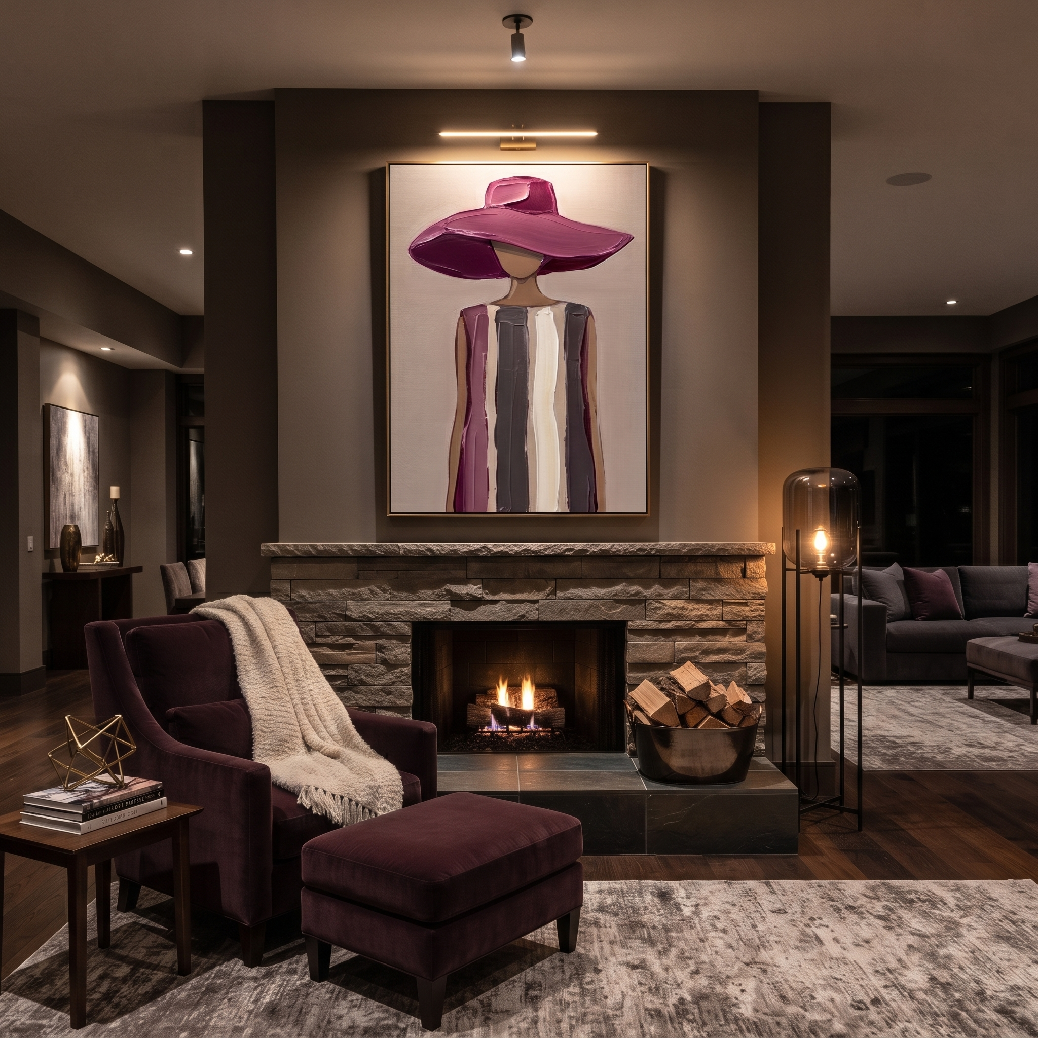 Plum Shade Softens Stone displayed as a modern room focal point