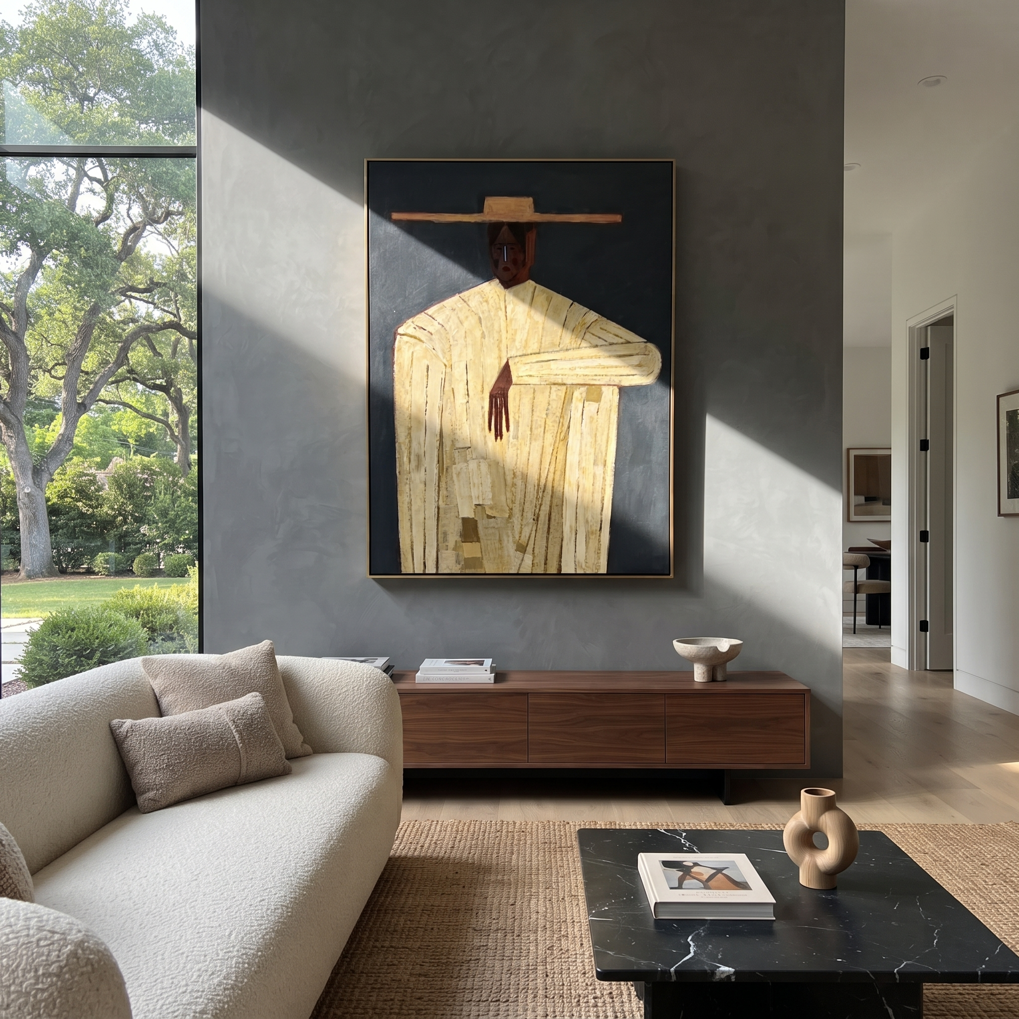 White Geometry Holds Blue styled in a layered residential interior