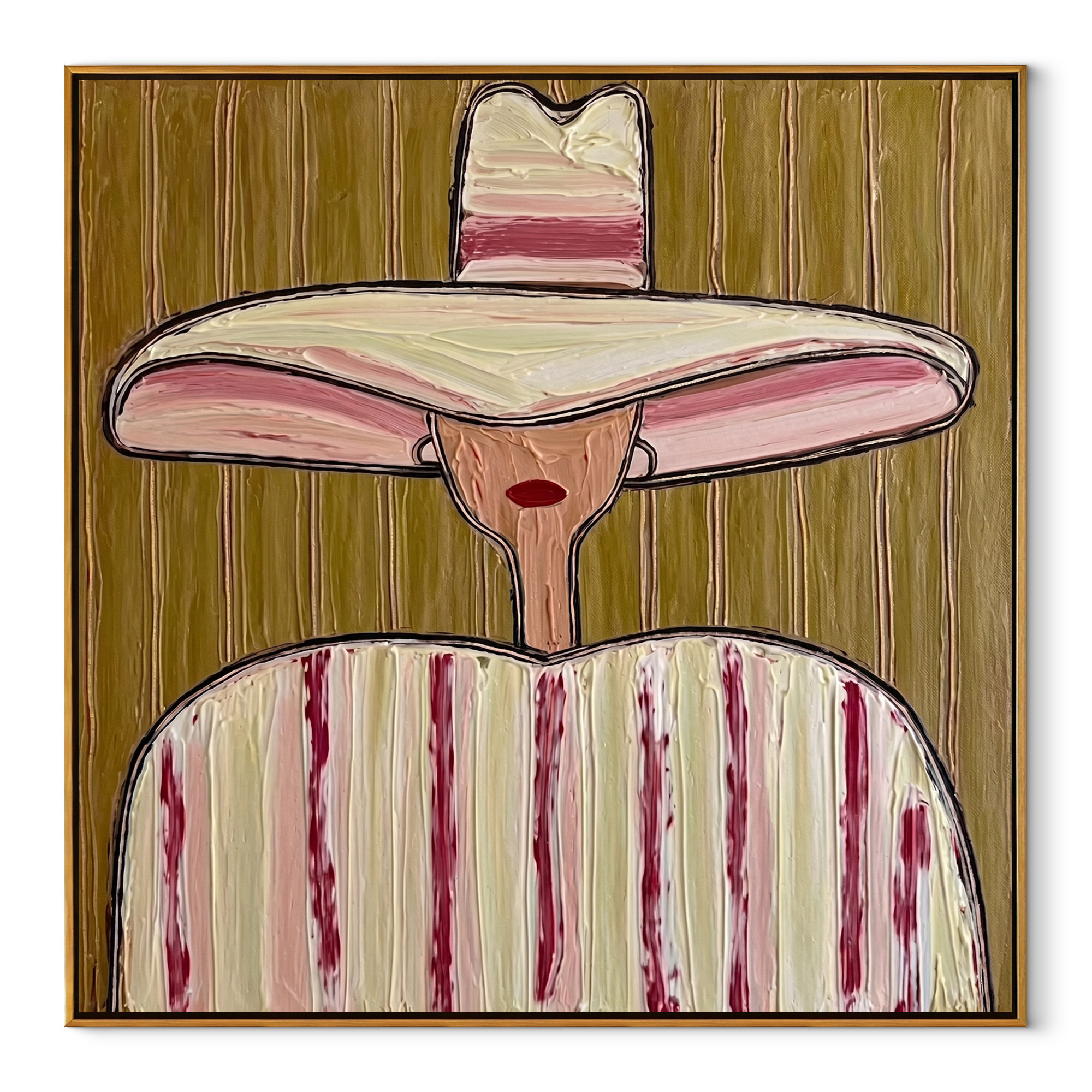 Pink Bands Guard Quiet abstract figurative textured painting, square canvas artwork