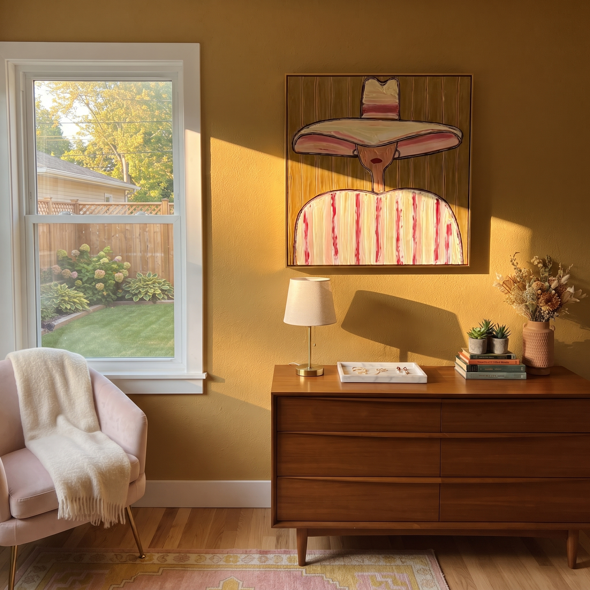 Pink Bands Guard Quiet styled with neutral modern furnishings