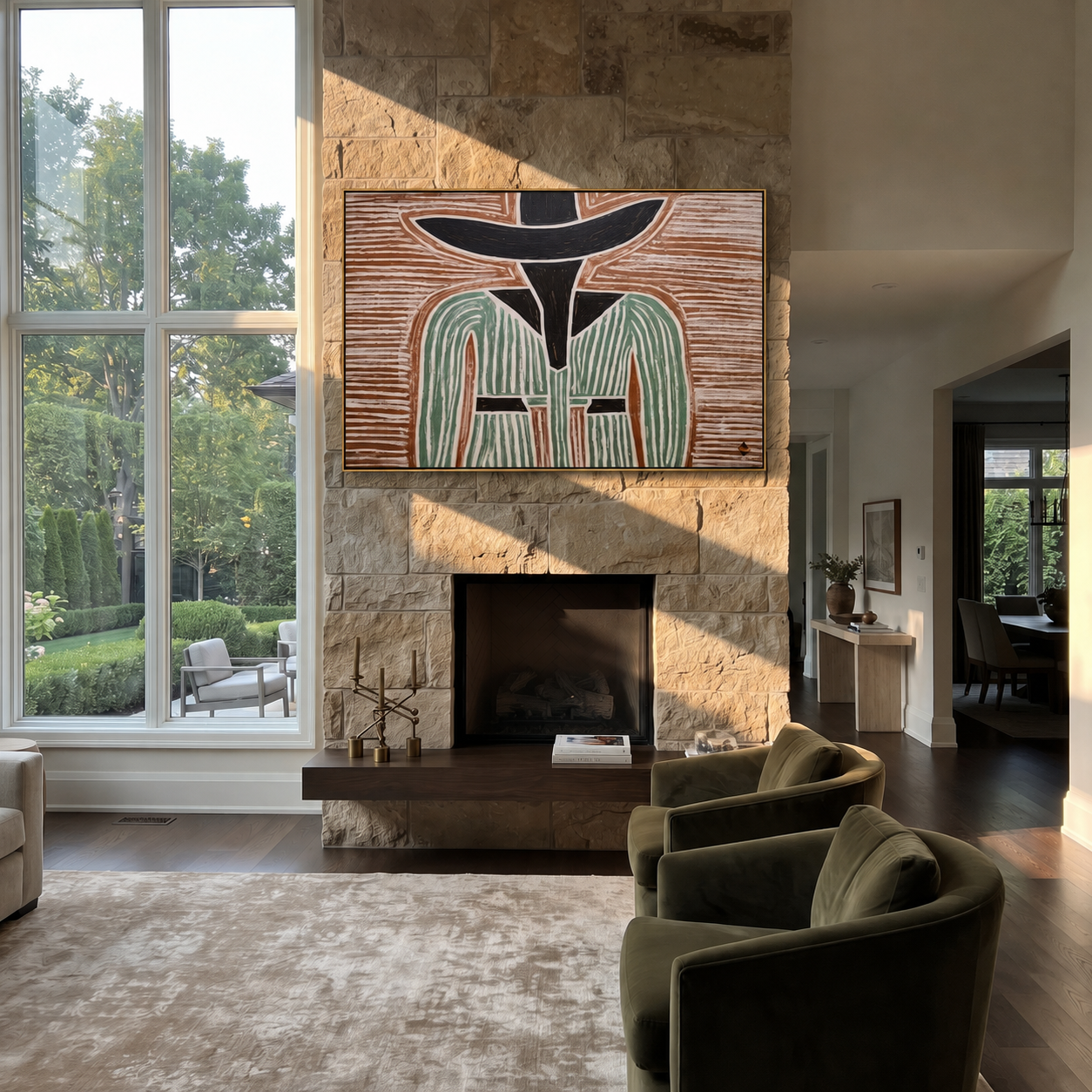 Green Lines Divide Brown displayed in a warm contemporary interior