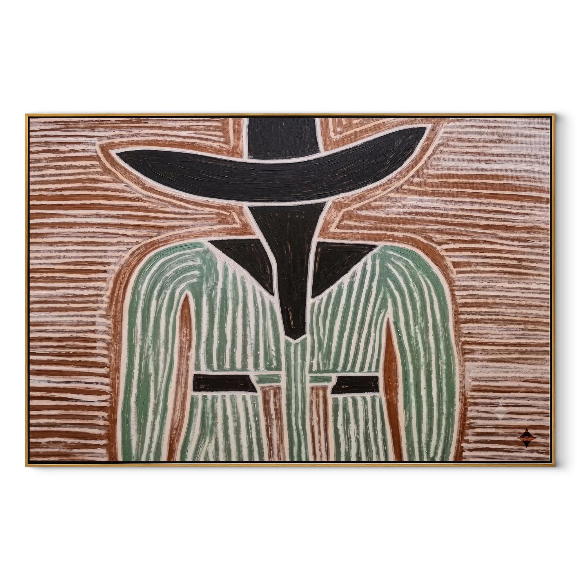 Green Lines Divide Brown abstract figurative textured painting, horizontal canvas artwork