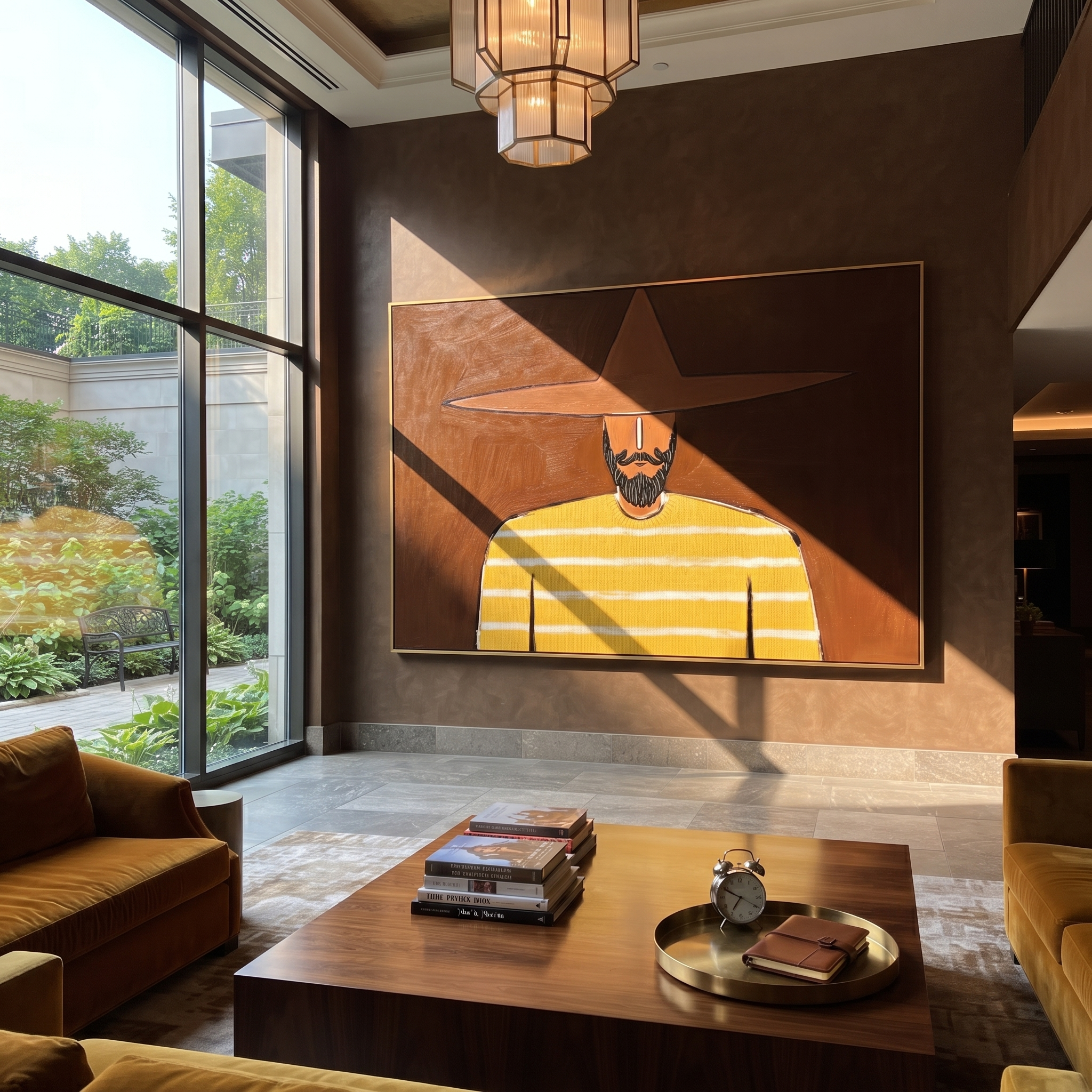 Yellow Stripes Carry Shadow presented above a contemporary console
