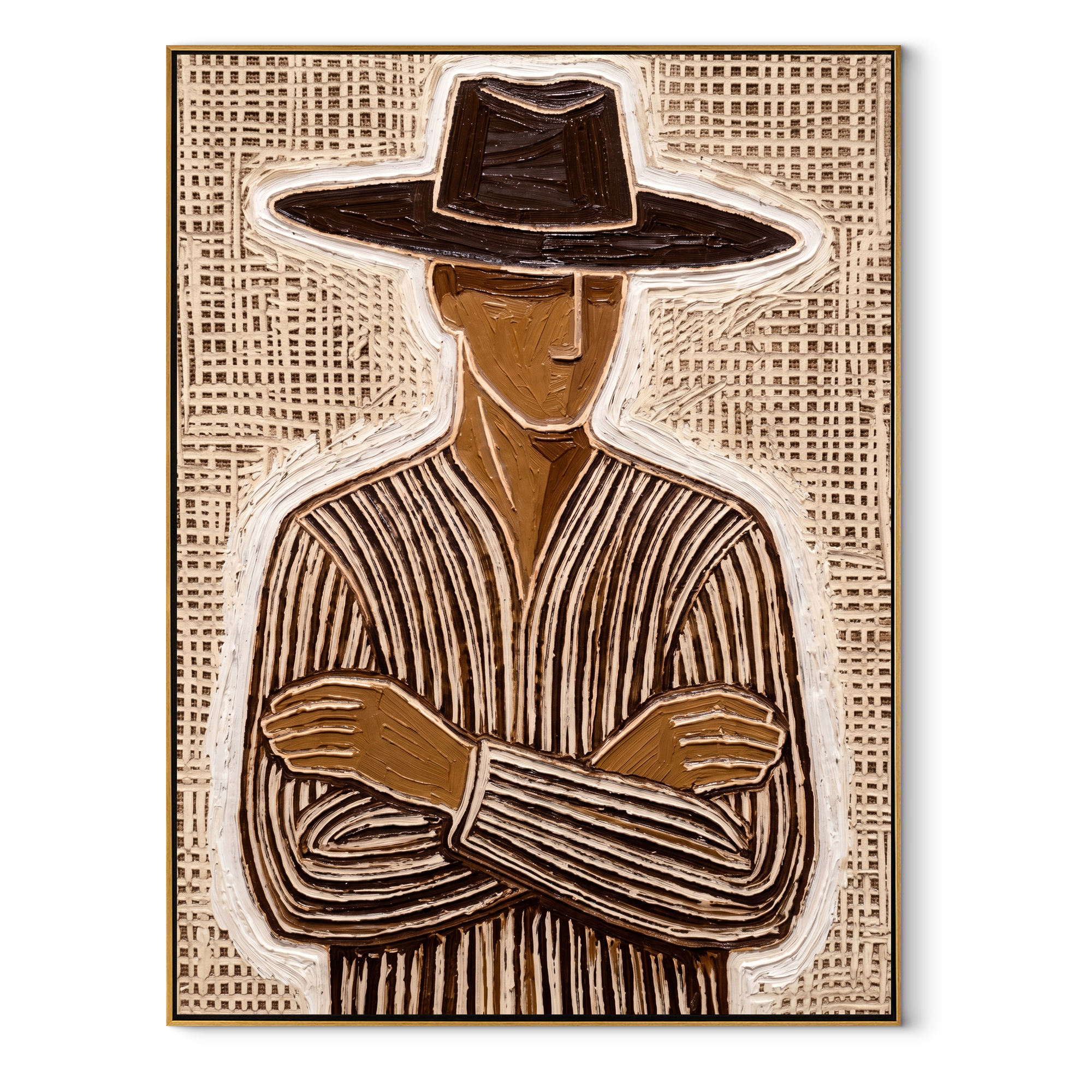 Brown Lines Close Ranks abstract figurative textured painting, vertical canvas artwork