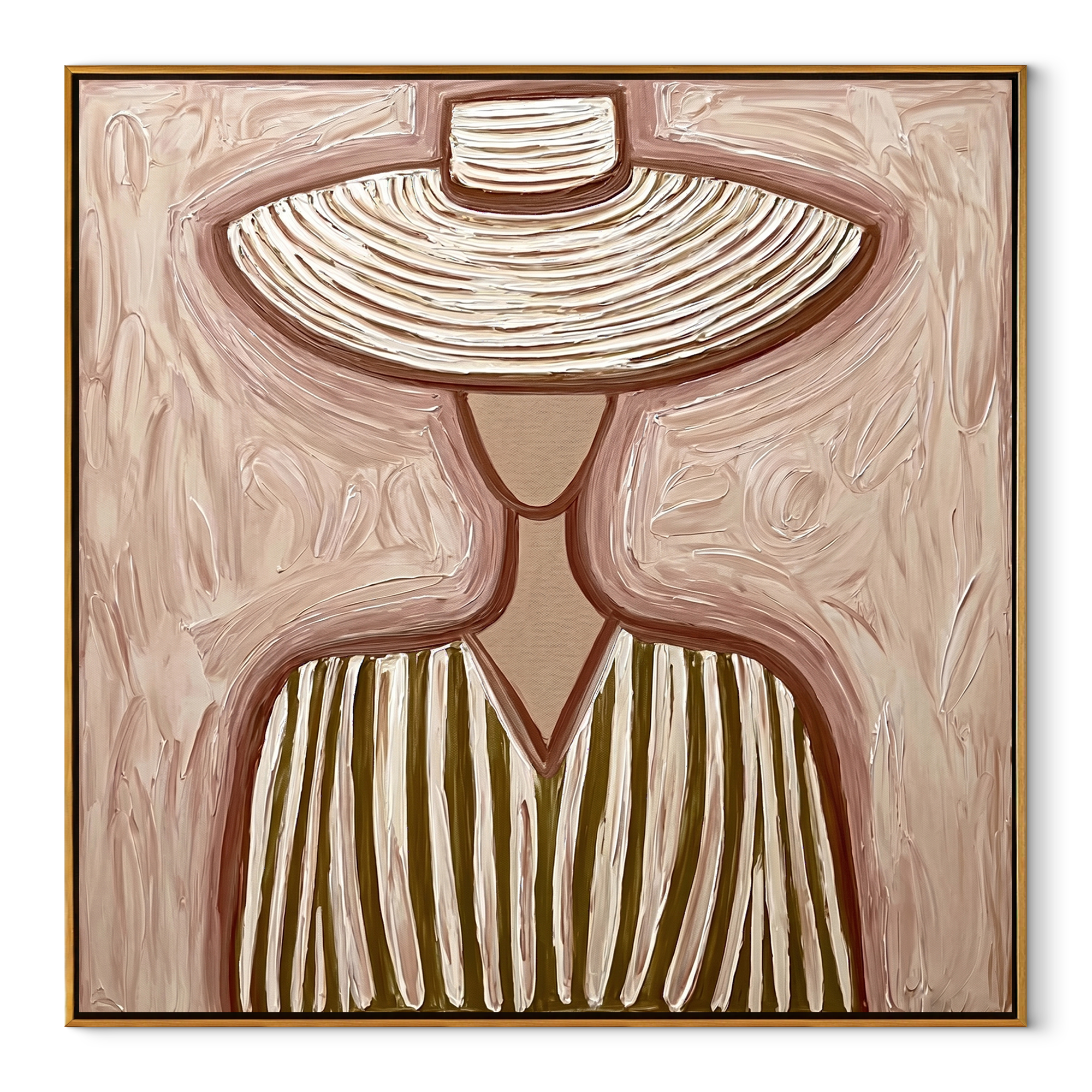Soft Rings Hold Olive abstract figurative textured painting, square canvas artwork