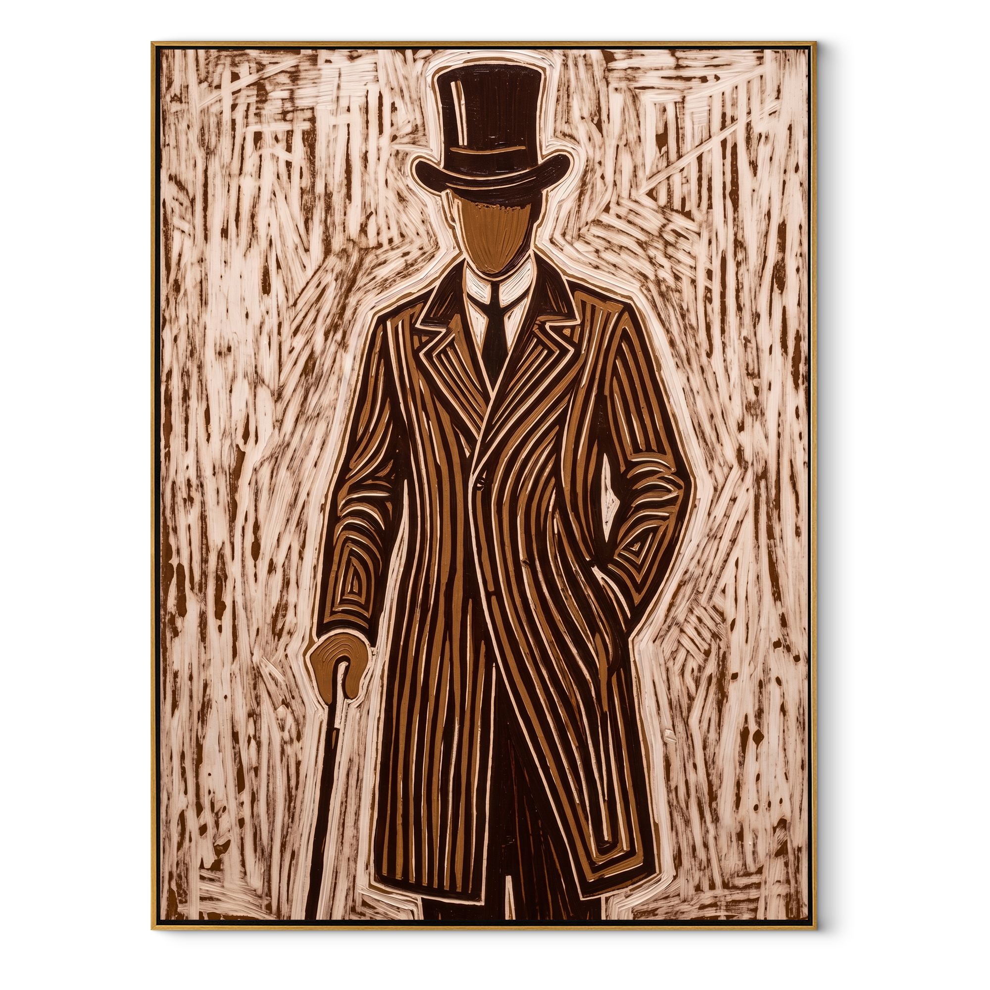 Top Hat Walks Time abstract figurative textured painting, vertical canvas artwork