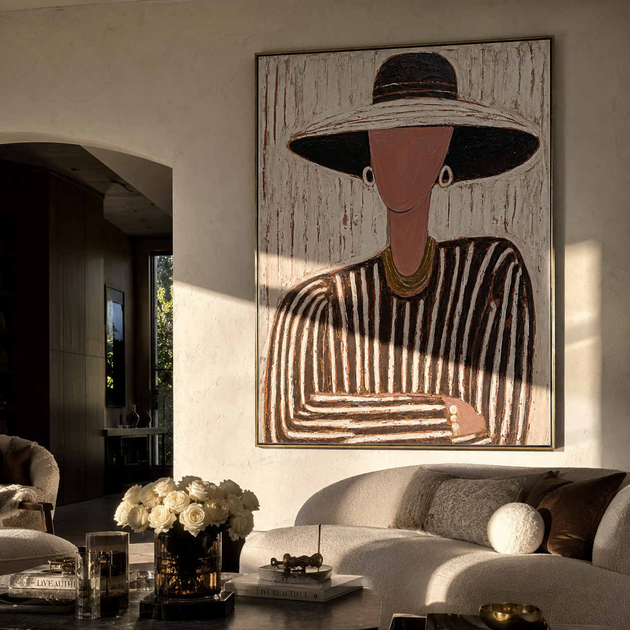 Black Brim Meets Rose presented above a contemporary console
