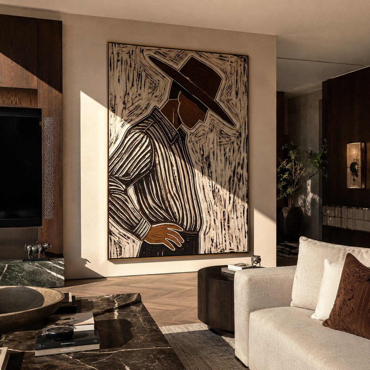 Brown Lines Turn Aside displayed in a warm contemporary interior