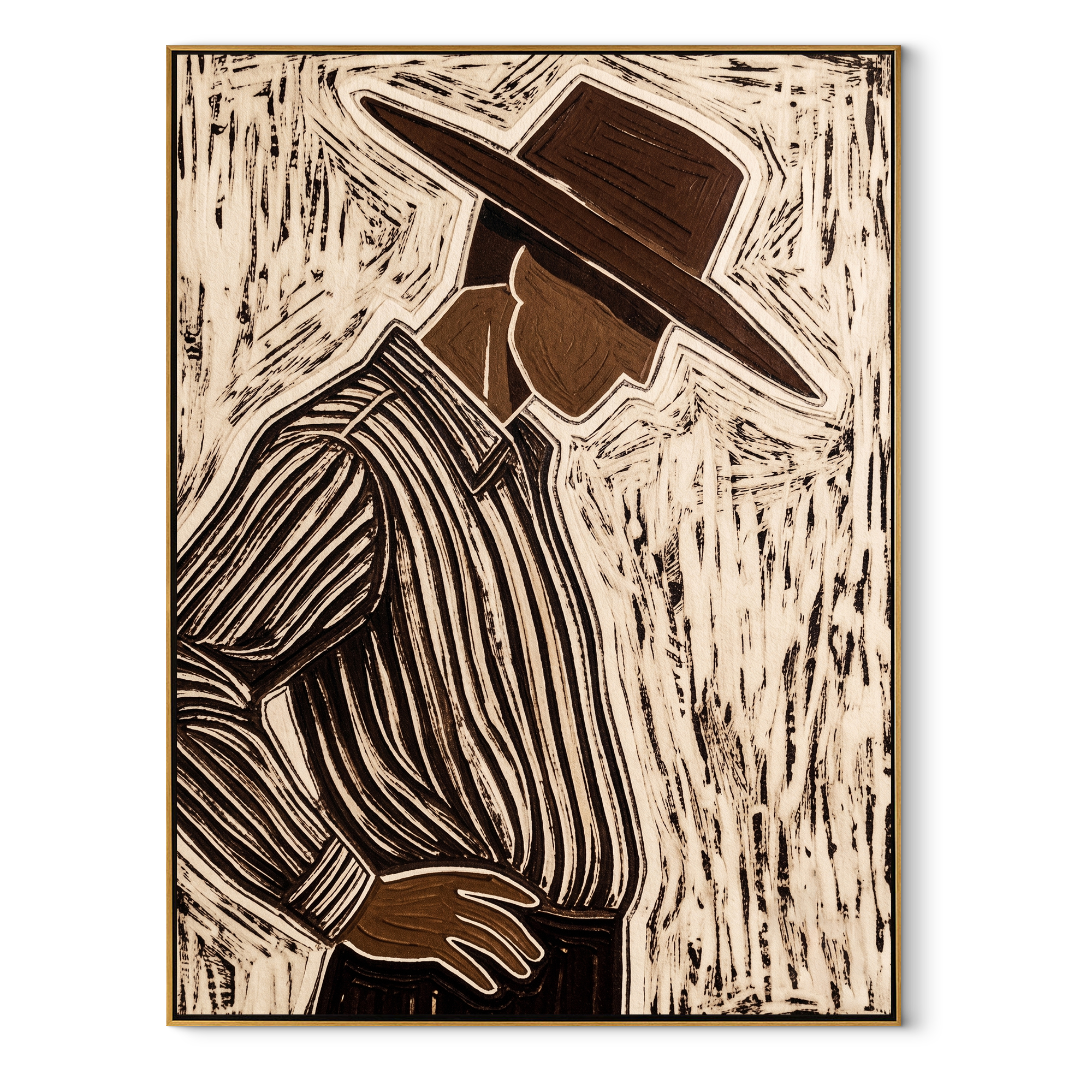 Brown Lines Turn Aside abstract figurative textured painting, vertical canvas artwork