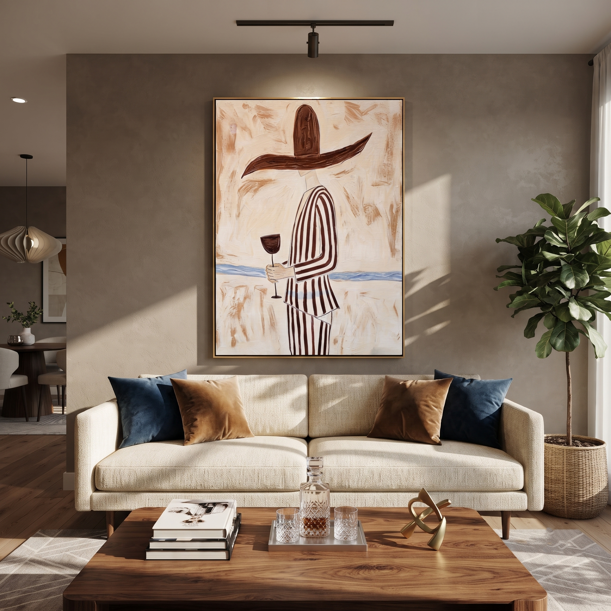 Brown Brim Holds Wine styled with neutral modern furnishings