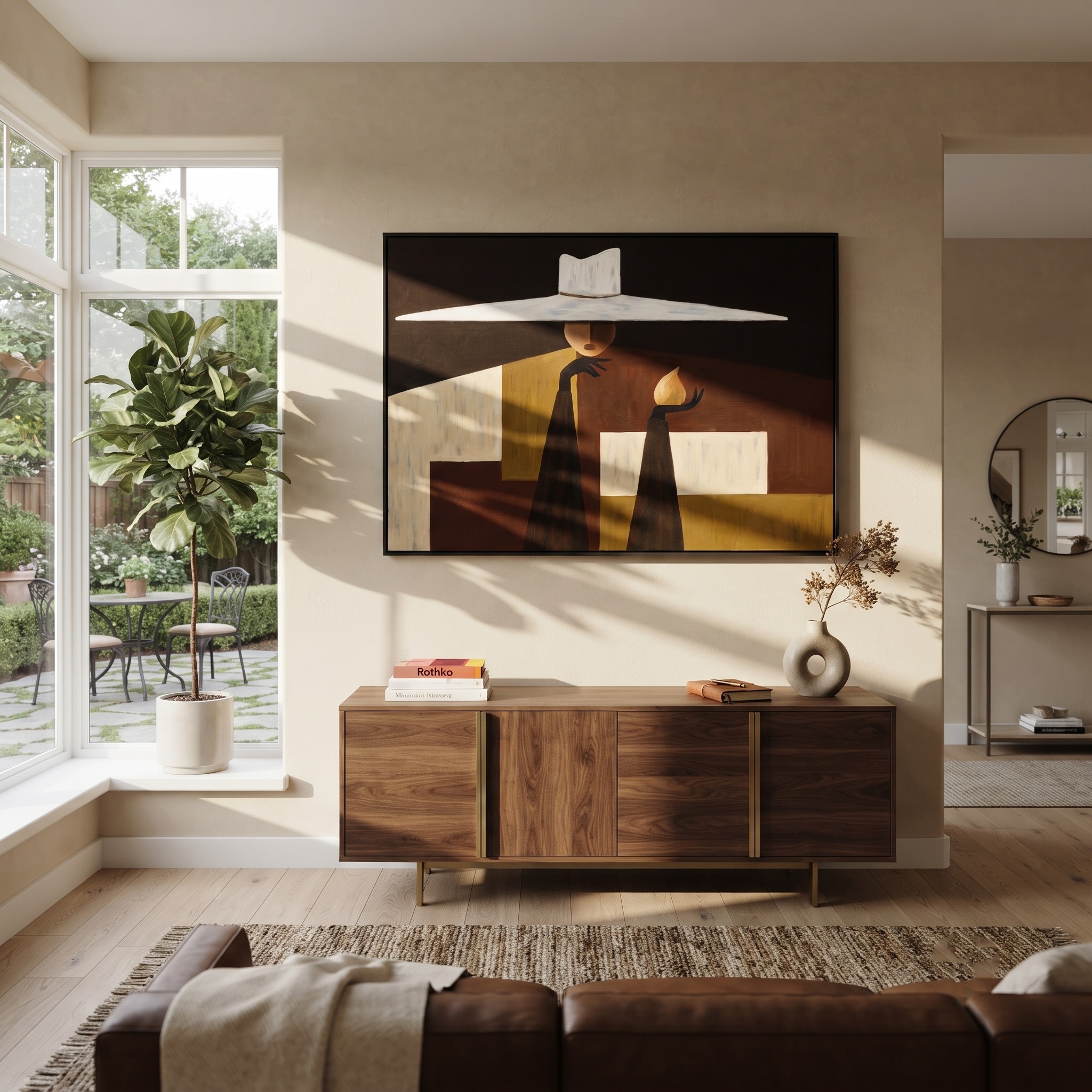 White Brim Carries Flame displayed in a warm contemporary interior