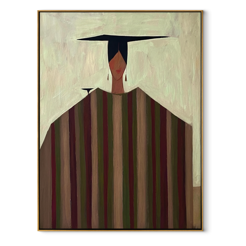 Dark Horizon Keeps Order – Multicolor Stripe Figure Painting | Mid-Century Modern Vertical Wall Art