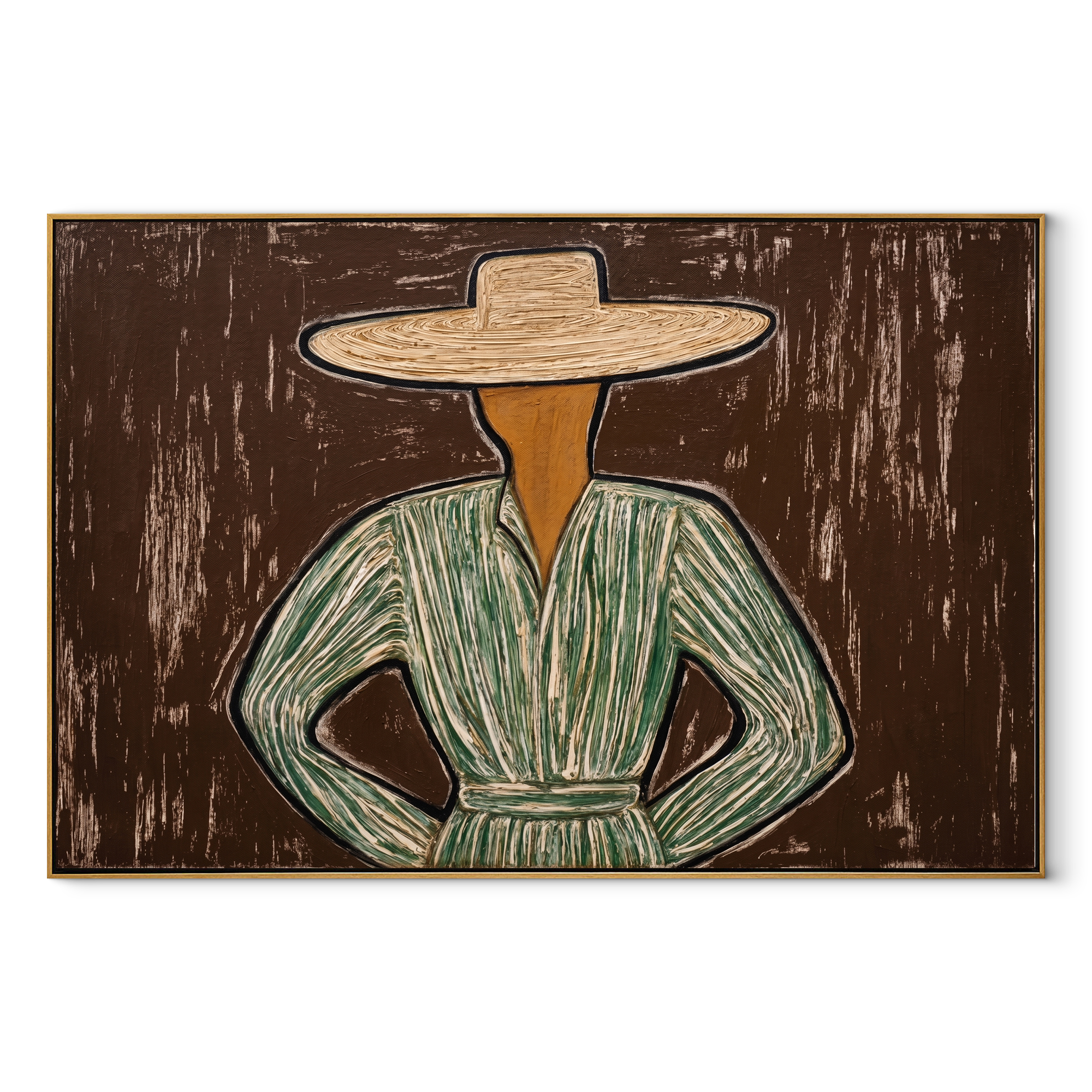 Green Lines Take Stance abstract figurative textured painting, horizontal canvas artwork