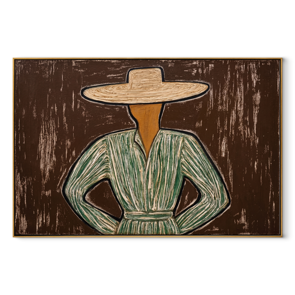 Green Lines Take Stance – Hands on Hips Figure Painting | Mid-Century Modern Horizontal Wall Art