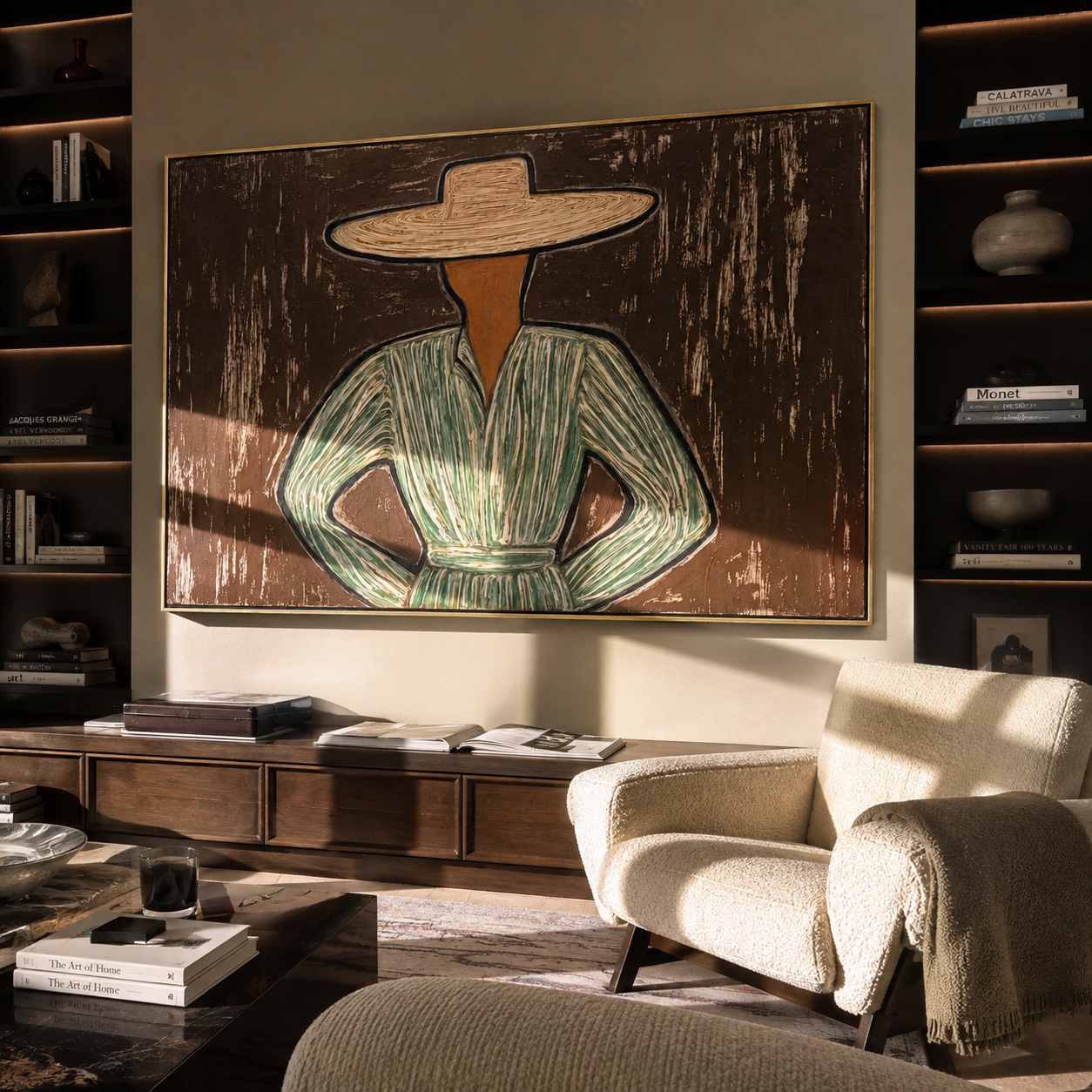Green Lines Take Stance presented above a contemporary console