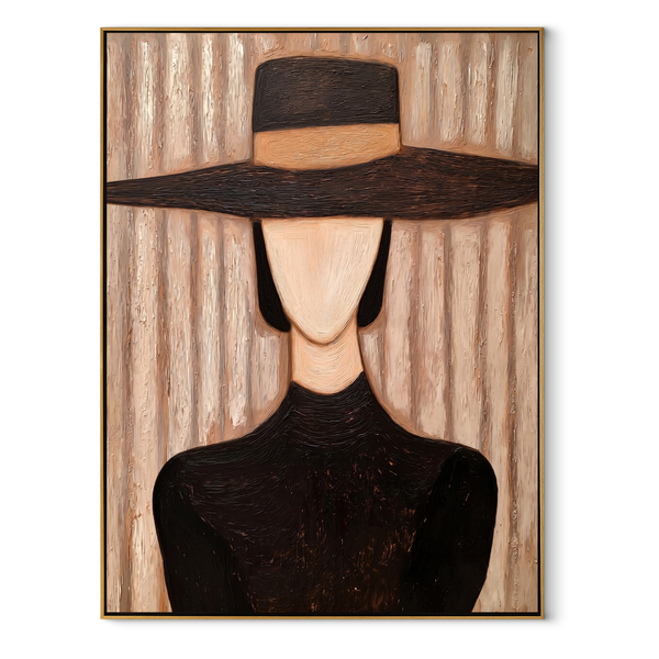 Black Crown Hides Light – Black Hat Woman Painting | Mid-Century Modern Vertical Wall Art