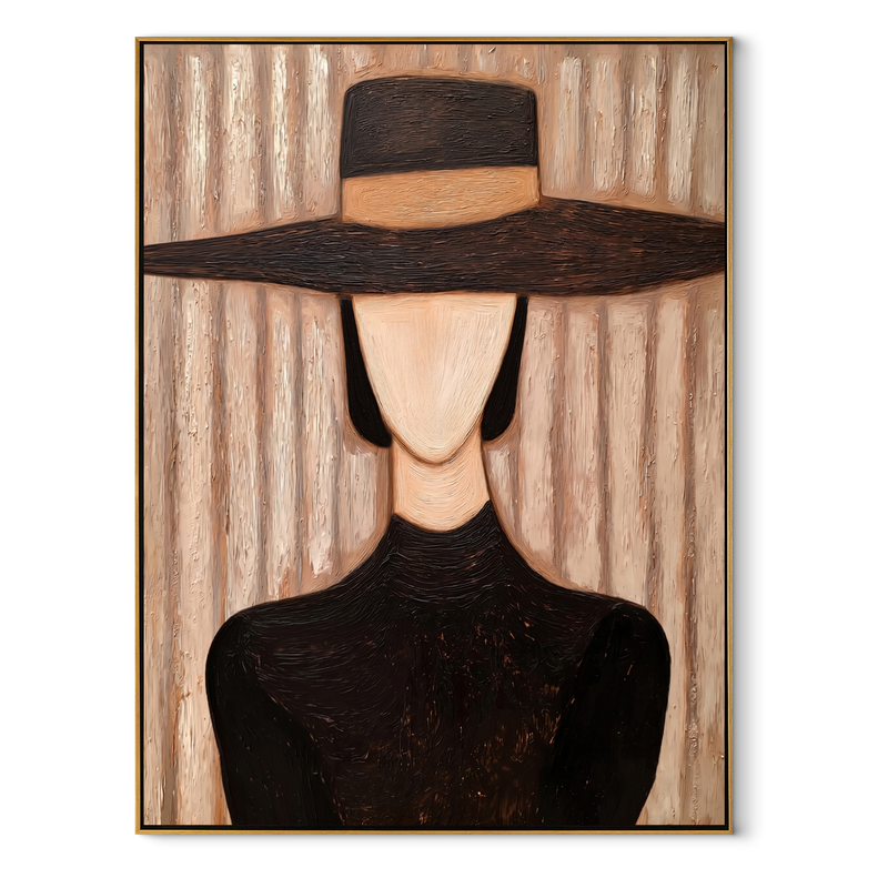 Black Crown Hides Light – Black Hat Woman Painting | Mid-Century Modern Vertical Wall Art