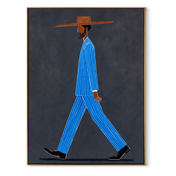 Blue Steps Cross Dusk – Walking Blue Suit Figure Painting | Mid-Century Modern Vertical Wall Art