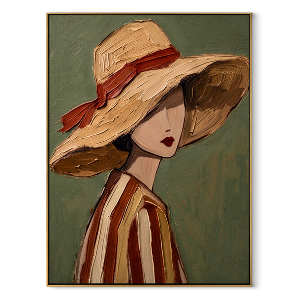 Soft Brim Turns Away – Layered Hat Woman Painting | Mid-Century Modern Vertical Wall Art