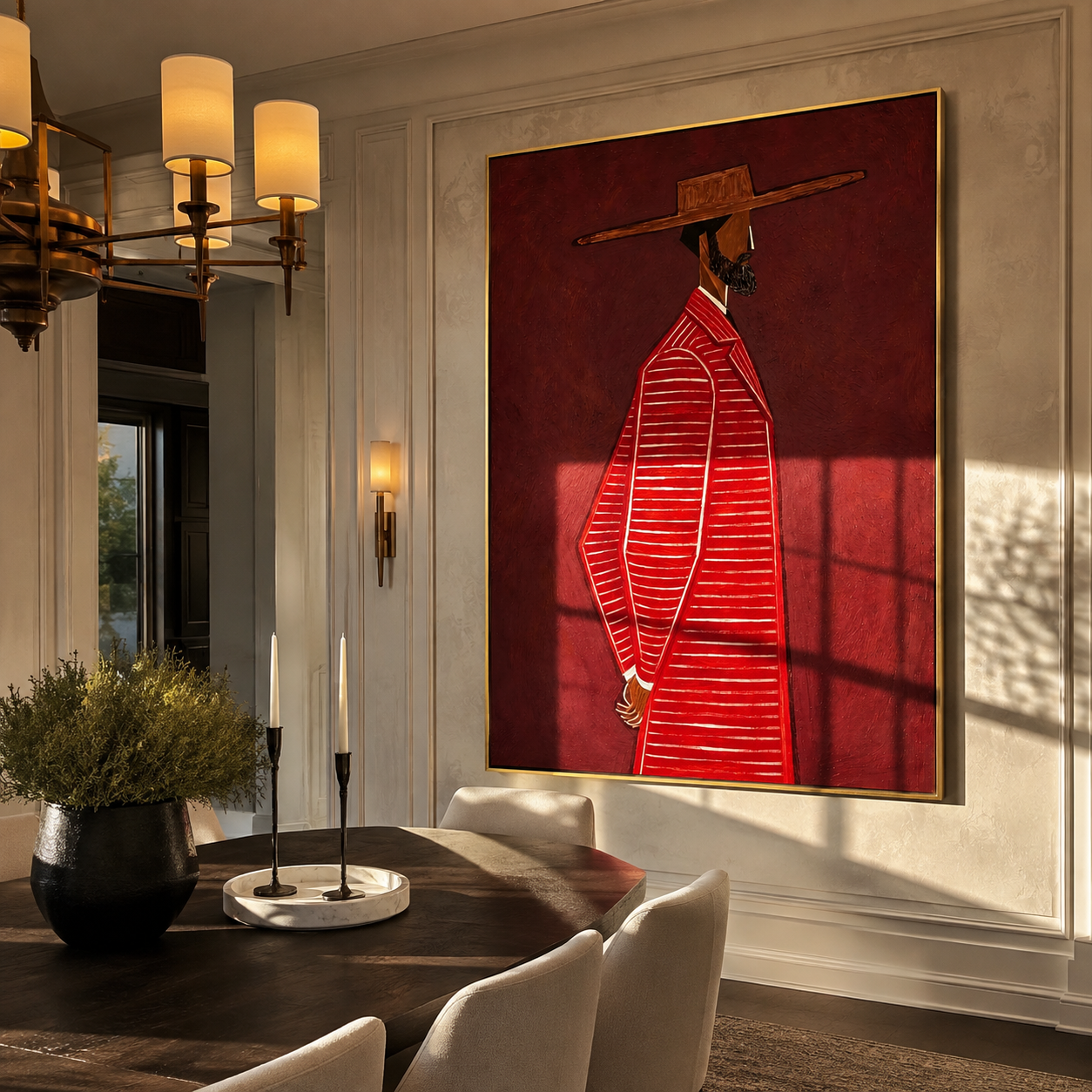 Red Stripes Walk Alone displayed in a warm contemporary interior