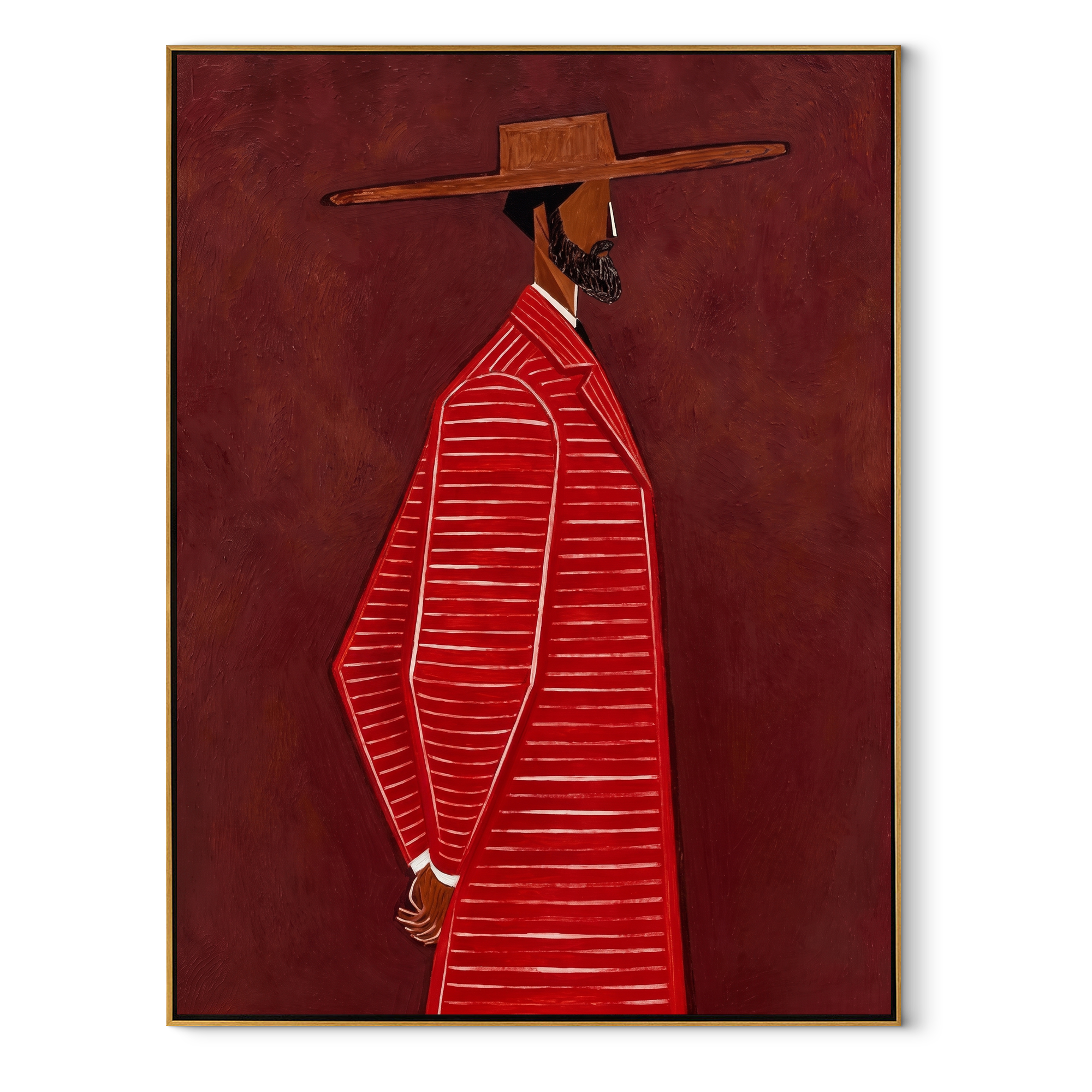 Red Stripes Walk Alone abstract figurative textured painting, vertical canvas artwork