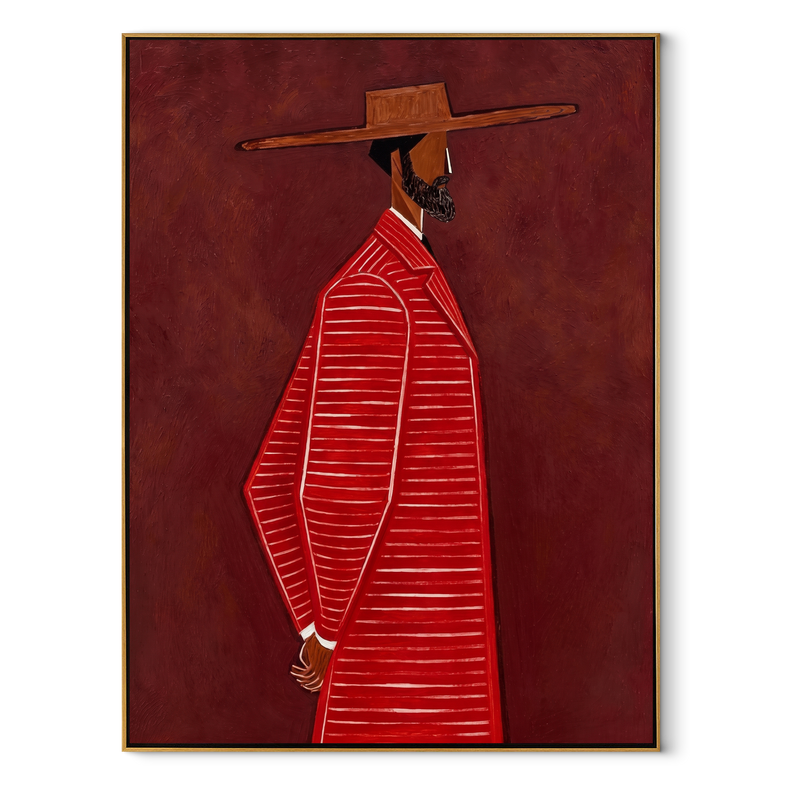 Red Stripes Walk Alone – Side View Red Suit Figure Painting | Mid-Century Modern Vertical Wall Art