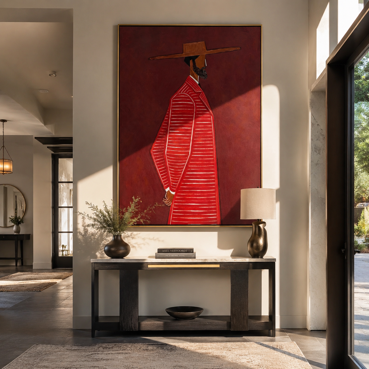 Red Stripes Walk Alone styled with neutral modern furnishings