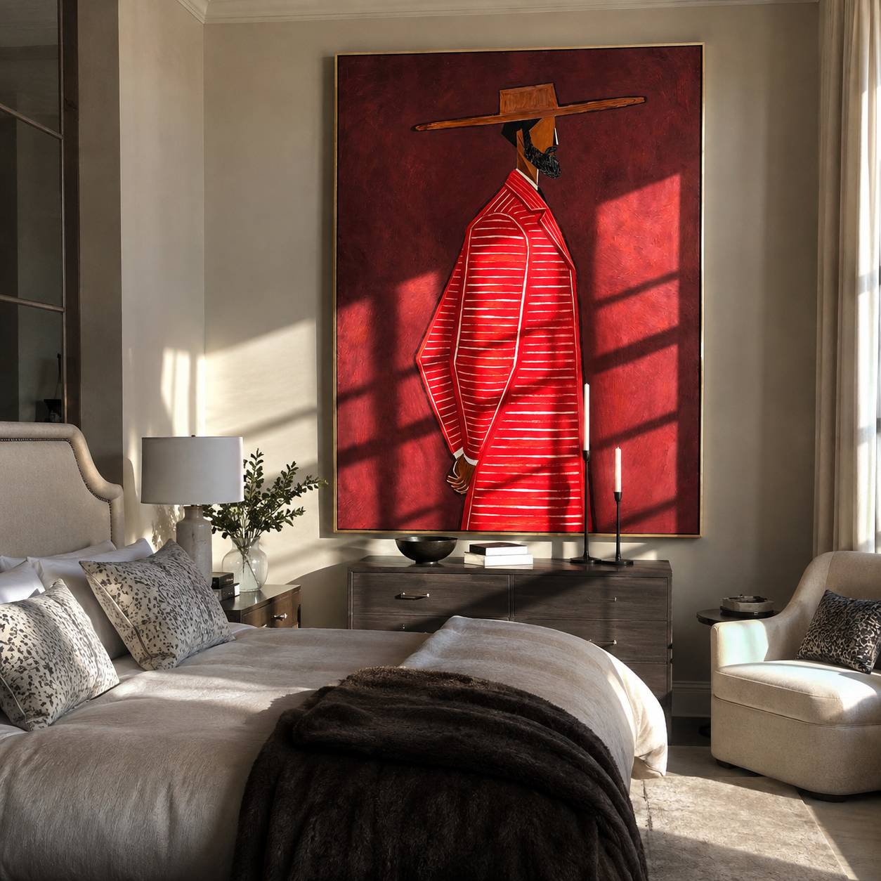 Red Stripes Walk Alone presented above a contemporary console